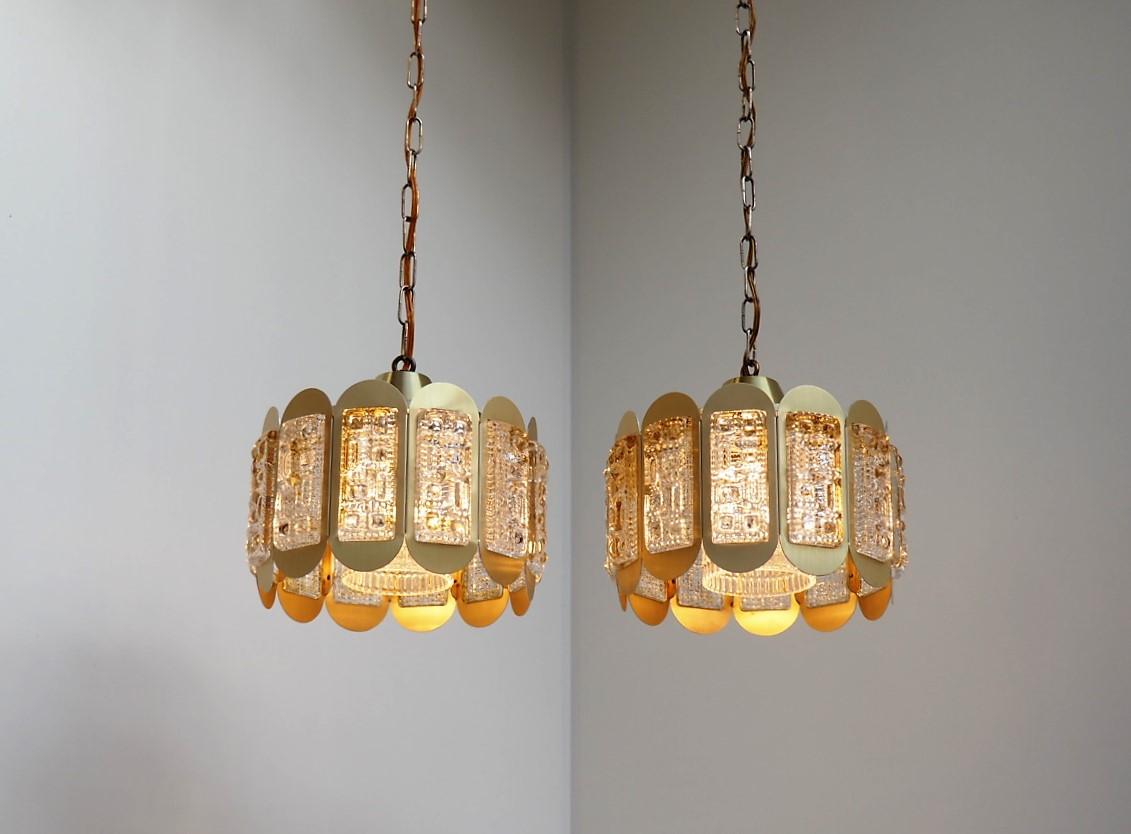 Scandinavian Modern Danish Modern Pair of Brass and Glass Pendants from Vitrika, 1960s Design For Sale