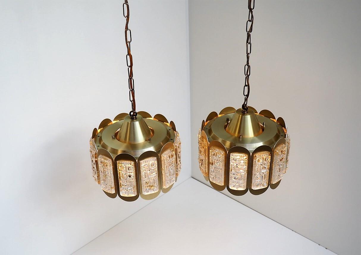 Pressed Danish Modern Pair of Brass and Glass Pendants from Vitrika, 1960s Design For Sale