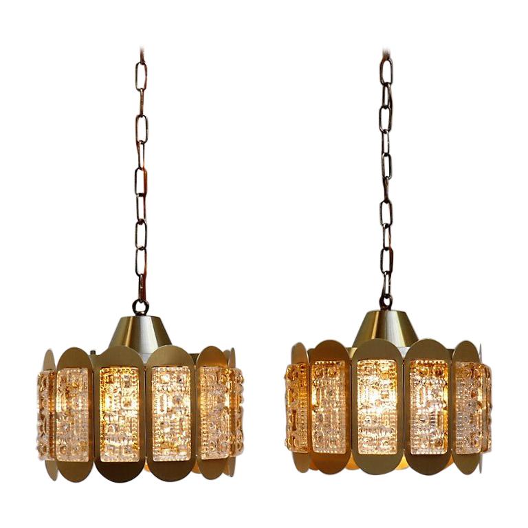 Danish Modern Pair of Brass and Glass Pendants from Vitrika, 1960s Design For Sale