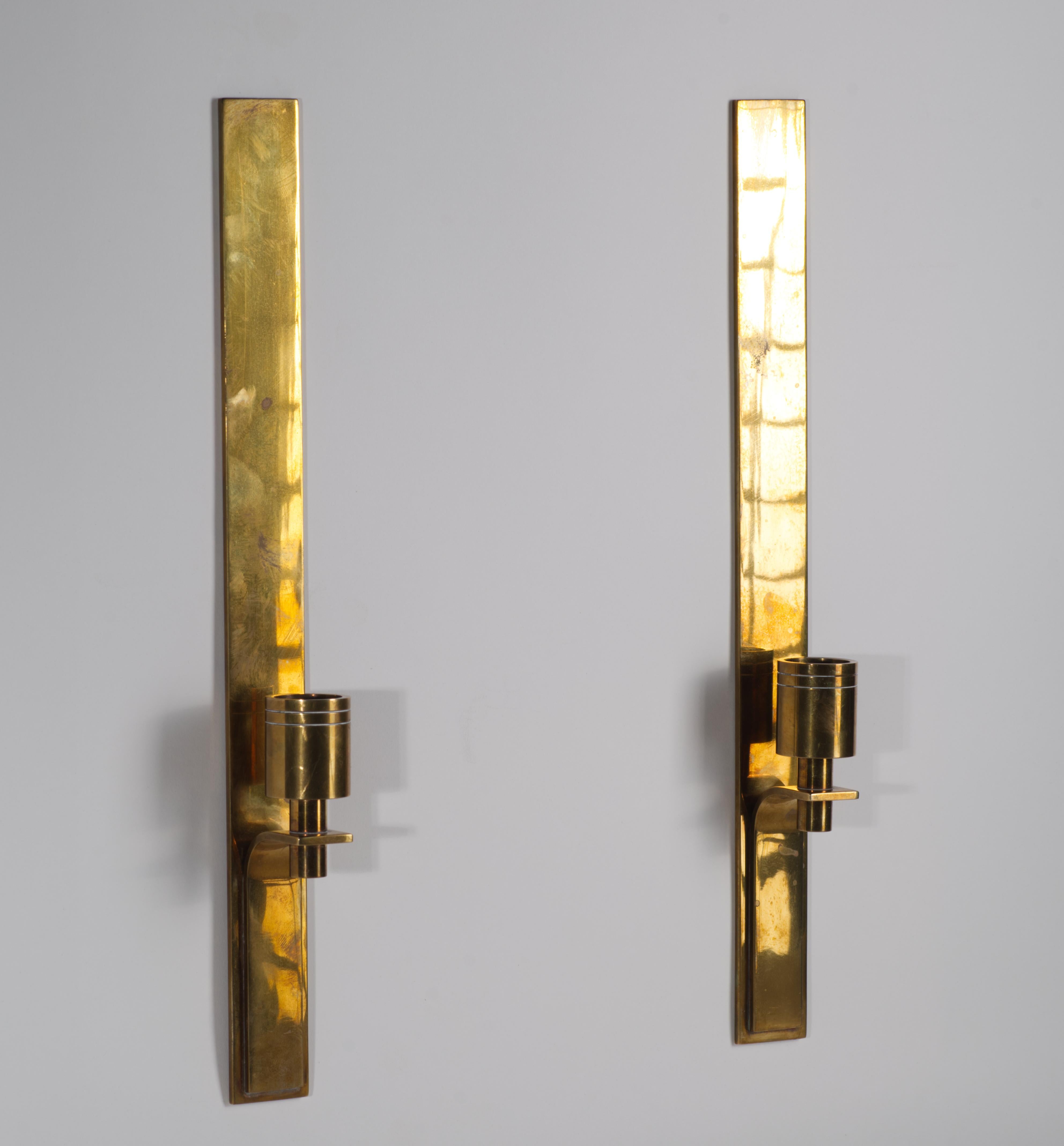 Cast Danish Modern Pair of Brass Wall-Mounted Candle Holders, Dan Present, 1960s
