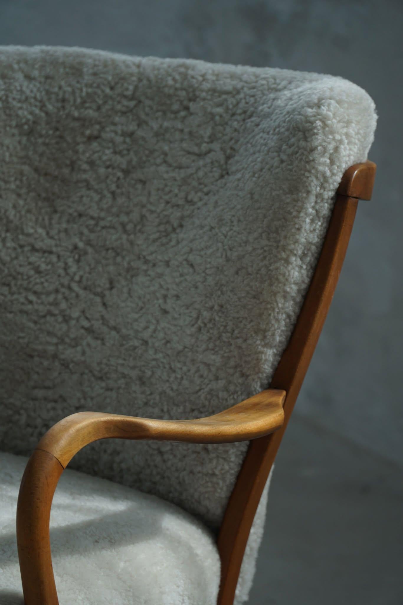 Danish Modern, Pair of Easy Chairs, Beech & Lambswool, Alfred Christensen, 1940s 9