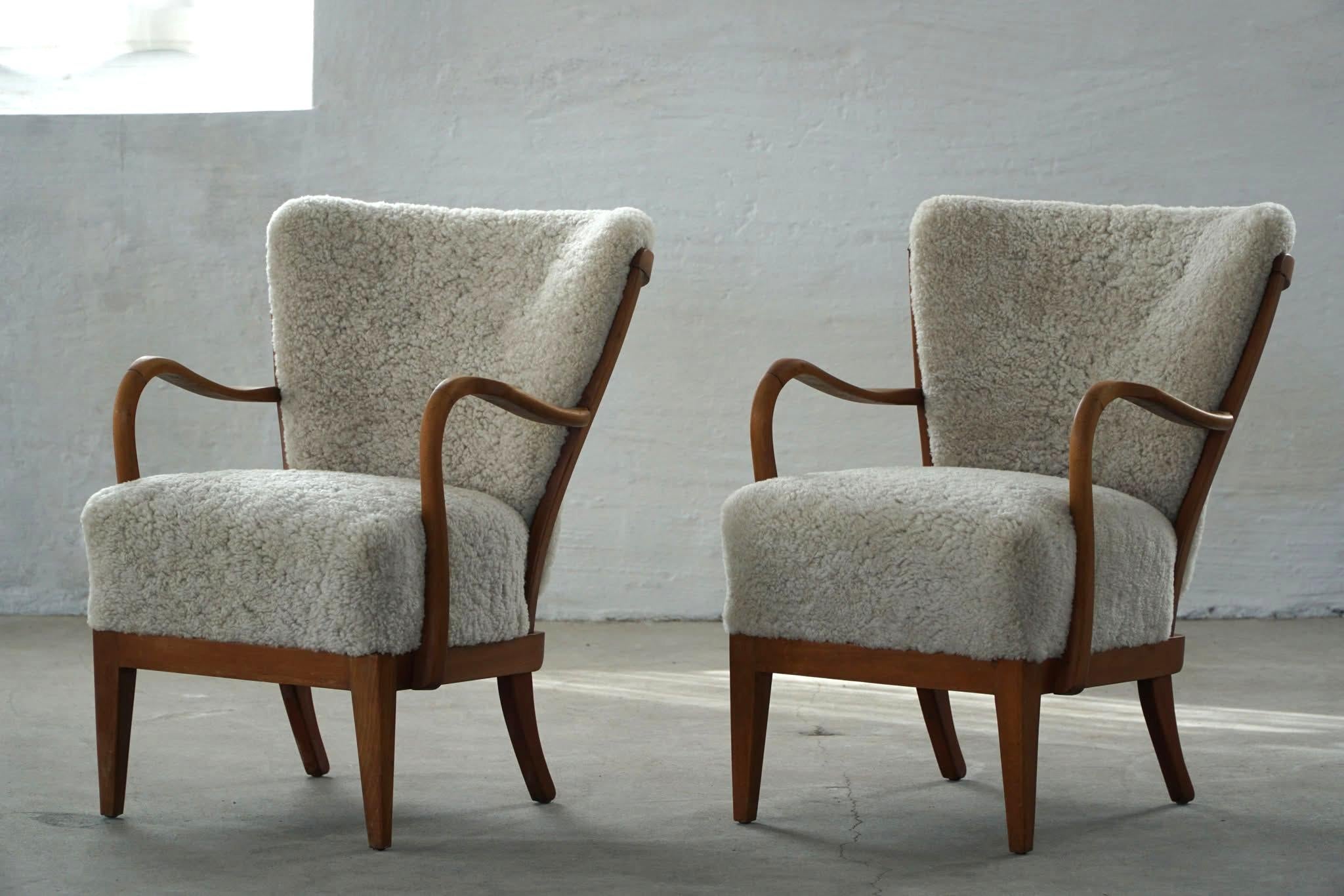 Danish Modern, Pair of Easy Chairs, Beech & Lambswool, Alfred Christensen, 1940s 12