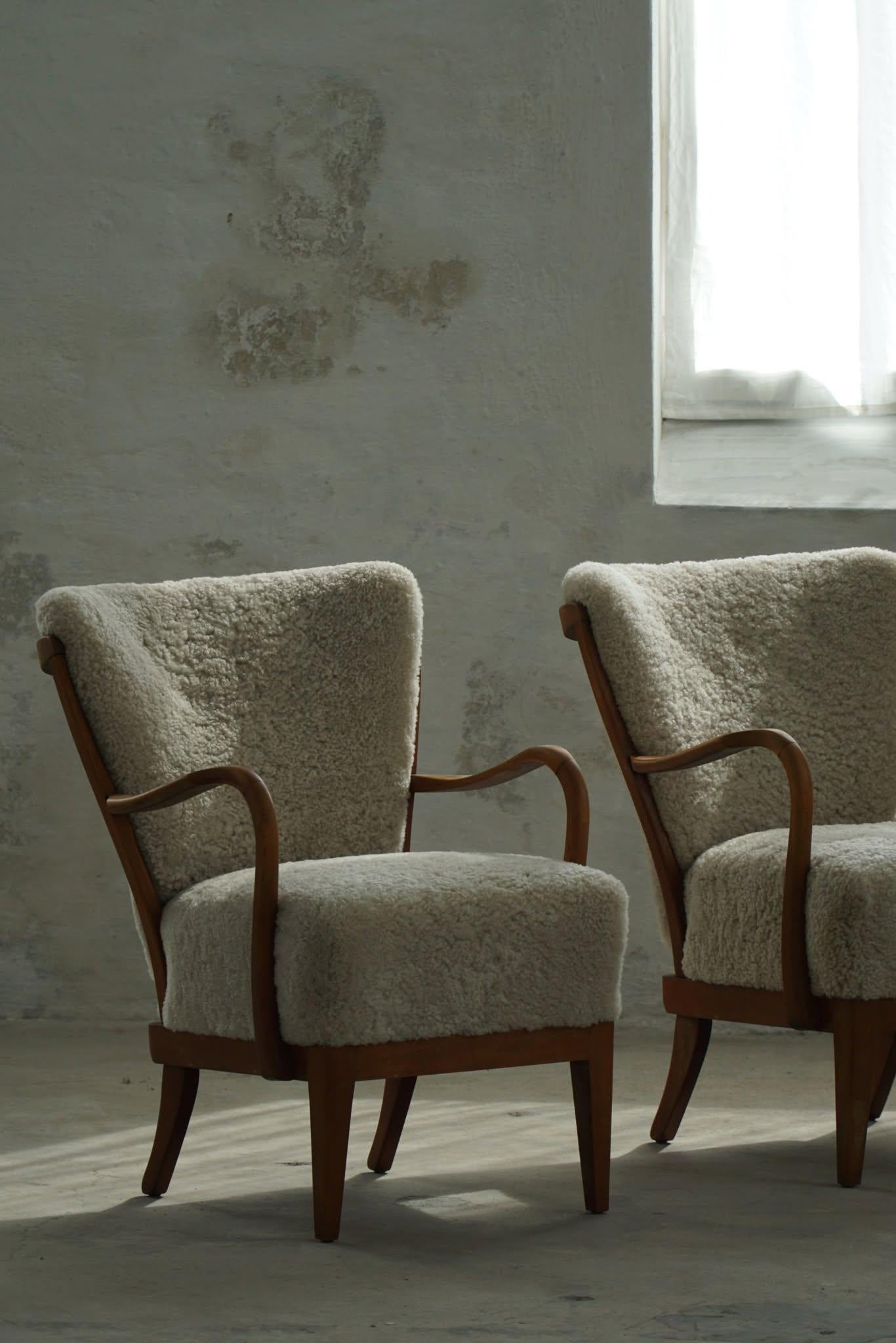 Danish Modern, Pair of Easy Chairs, Beech & Lambswool, Alfred Christensen, 1940s 13