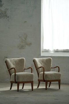 Danish Modern, Pair of Easy Chairs, Beech & Lambswool, Alfred Christensen, 1940s