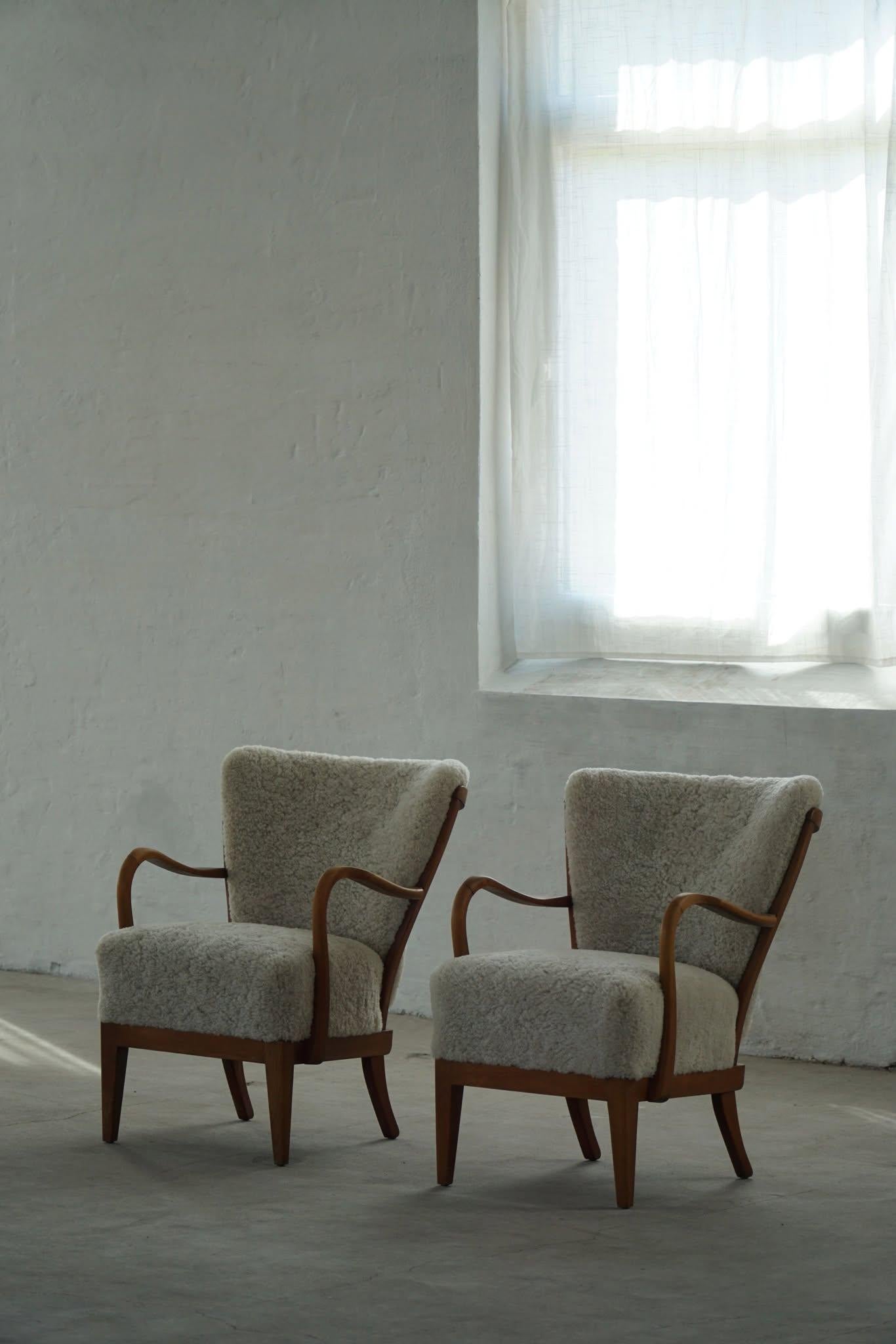 Danish Modern, Pair of Easy Chairs, Beech & Lambswool, Alfred Christensen, 1940s 14