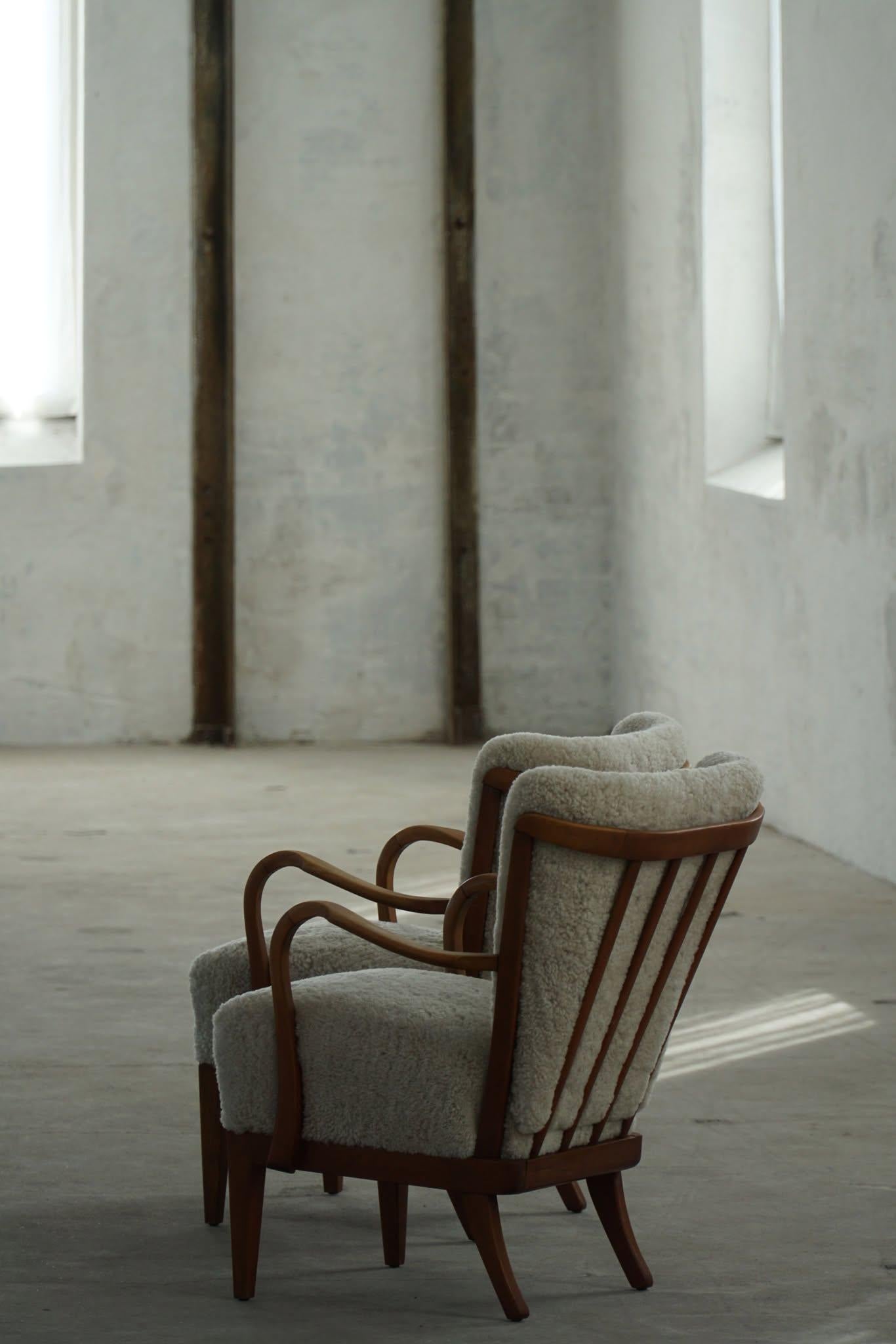 Mid-Century Modern Danish Modern, Pair of Easy Chairs, Beech & Lambswool, Alfred Christensen, 1940s