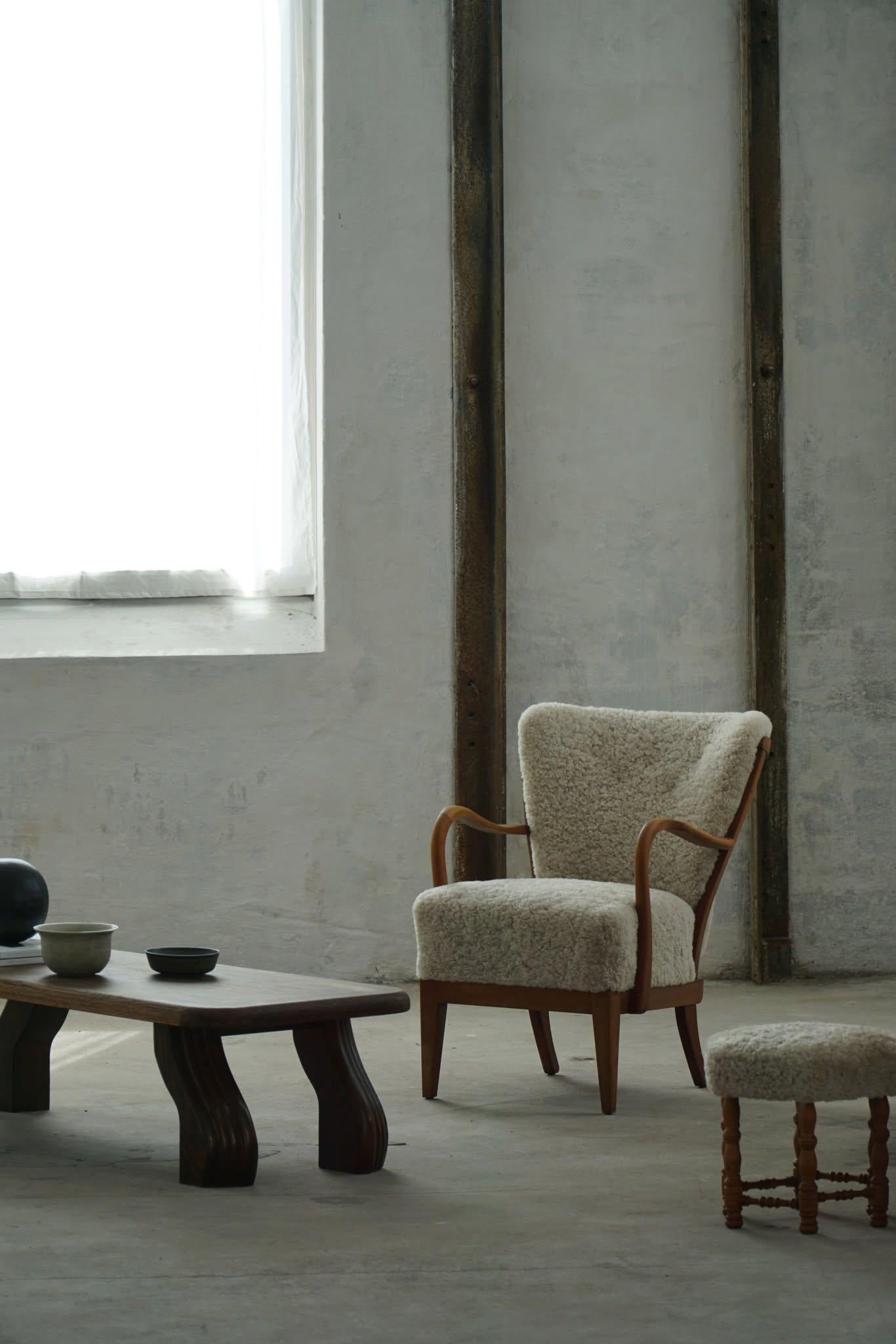 20th Century Danish Modern, Pair of Easy Chairs, Beech & Lambswool, Alfred Christensen, 1940s