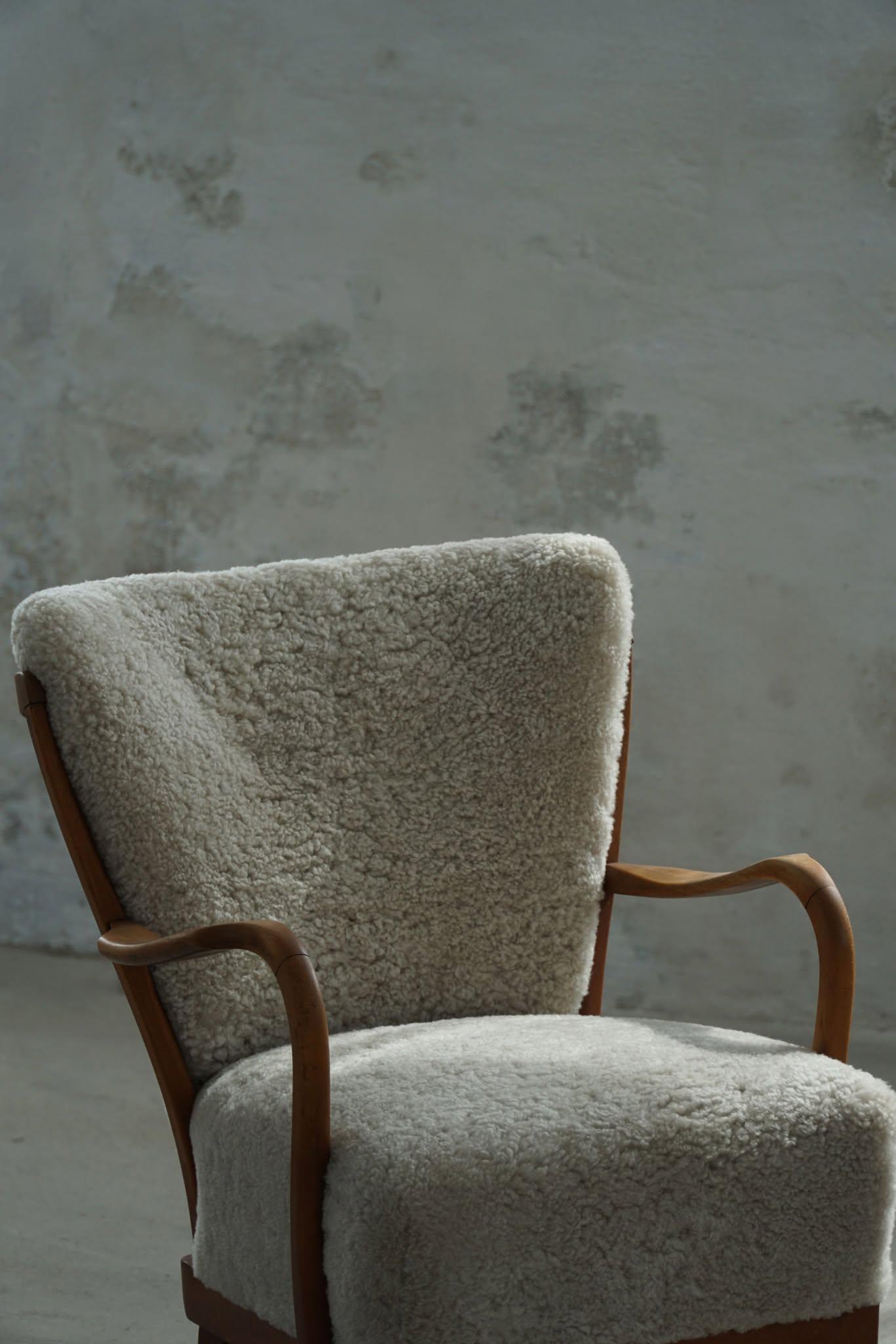 Lambskin Danish Modern, Pair of Easy Chairs, Beech & Lambswool, Alfred Christensen, 1940s