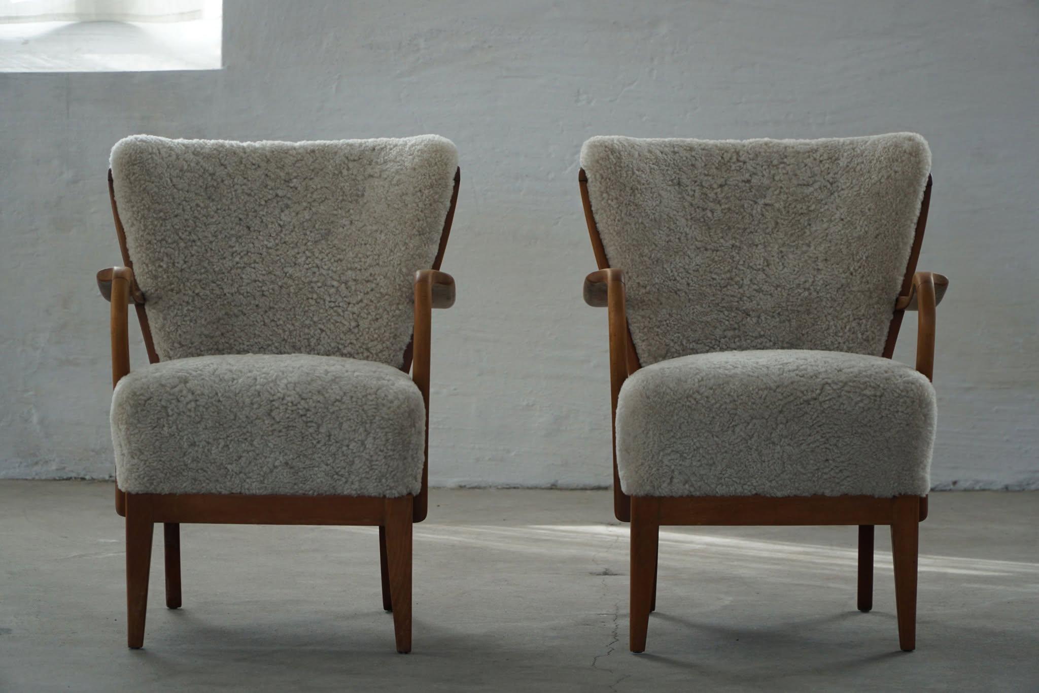 Danish Modern, Pair of Easy Chairs, Beech & Lambswool, Alfred Christensen, 1940s 1