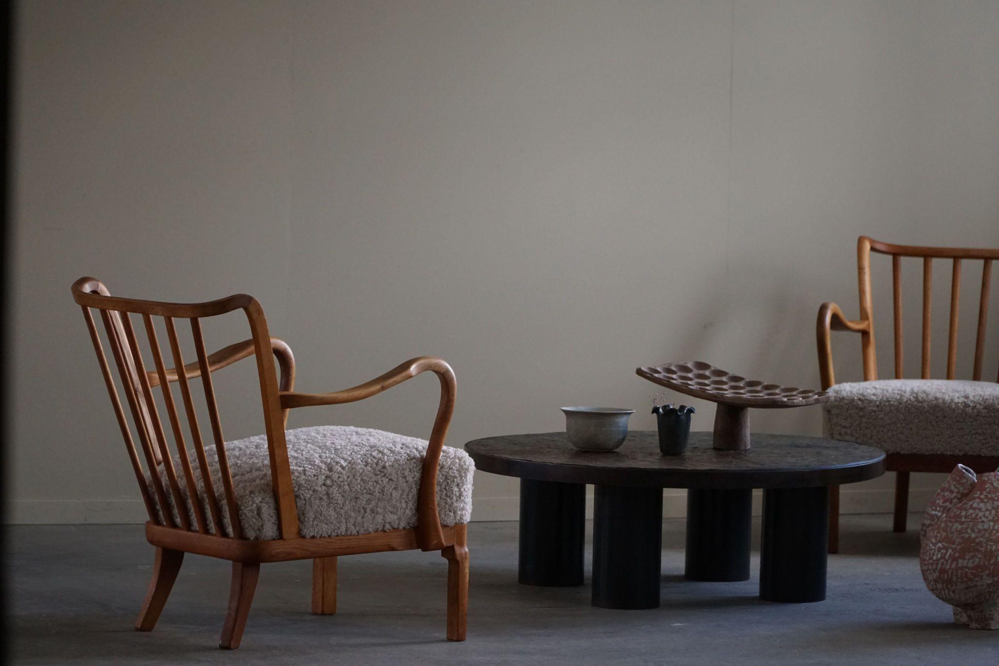 Danish Modern, Pair of Easy Chairs in Oak & Lambswool, Alfred Christensen, 1940s 4