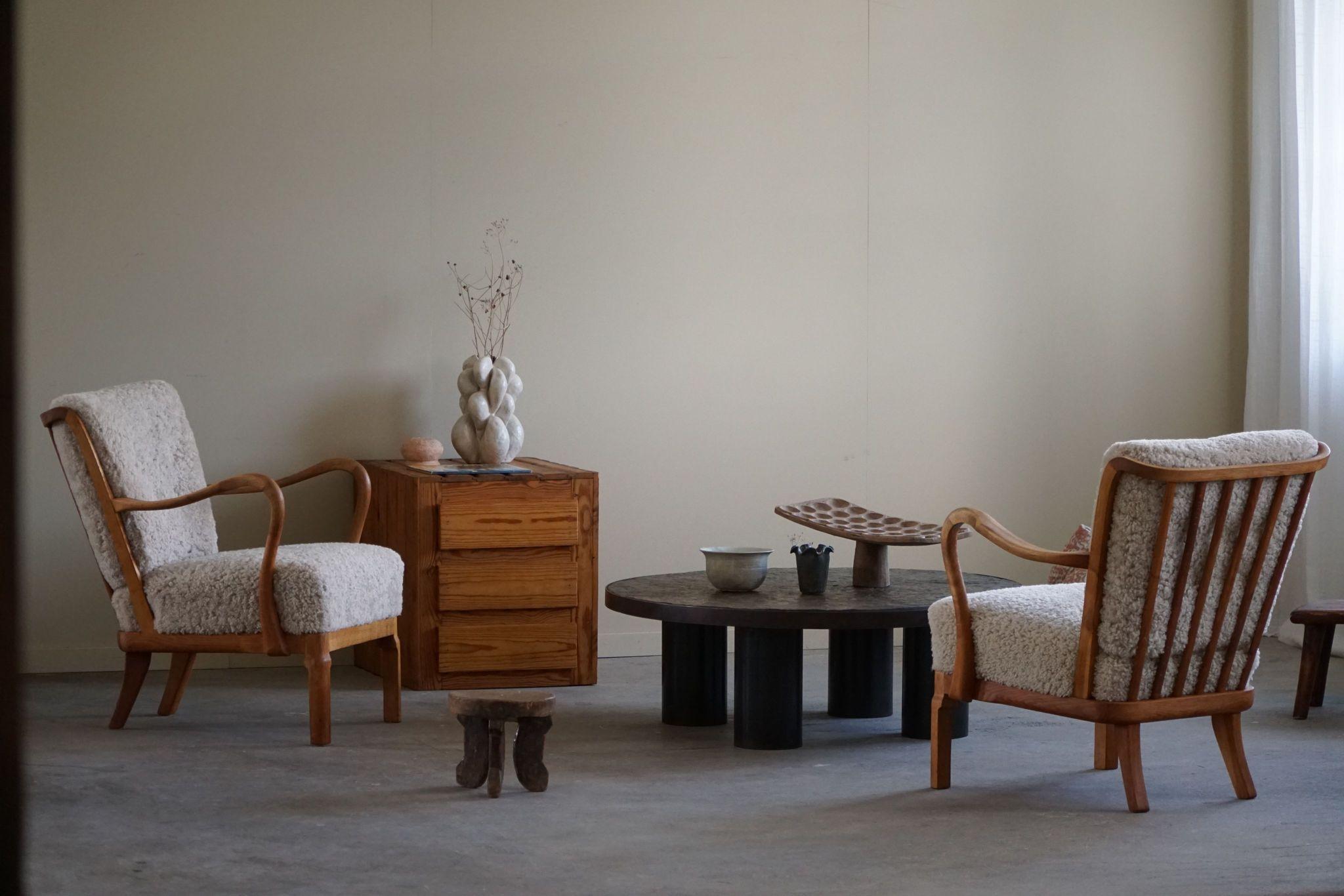 Danish Modern, Pair of Easy Chairs in Oak & Lambswool, Alfred Christensen, 1940s 6