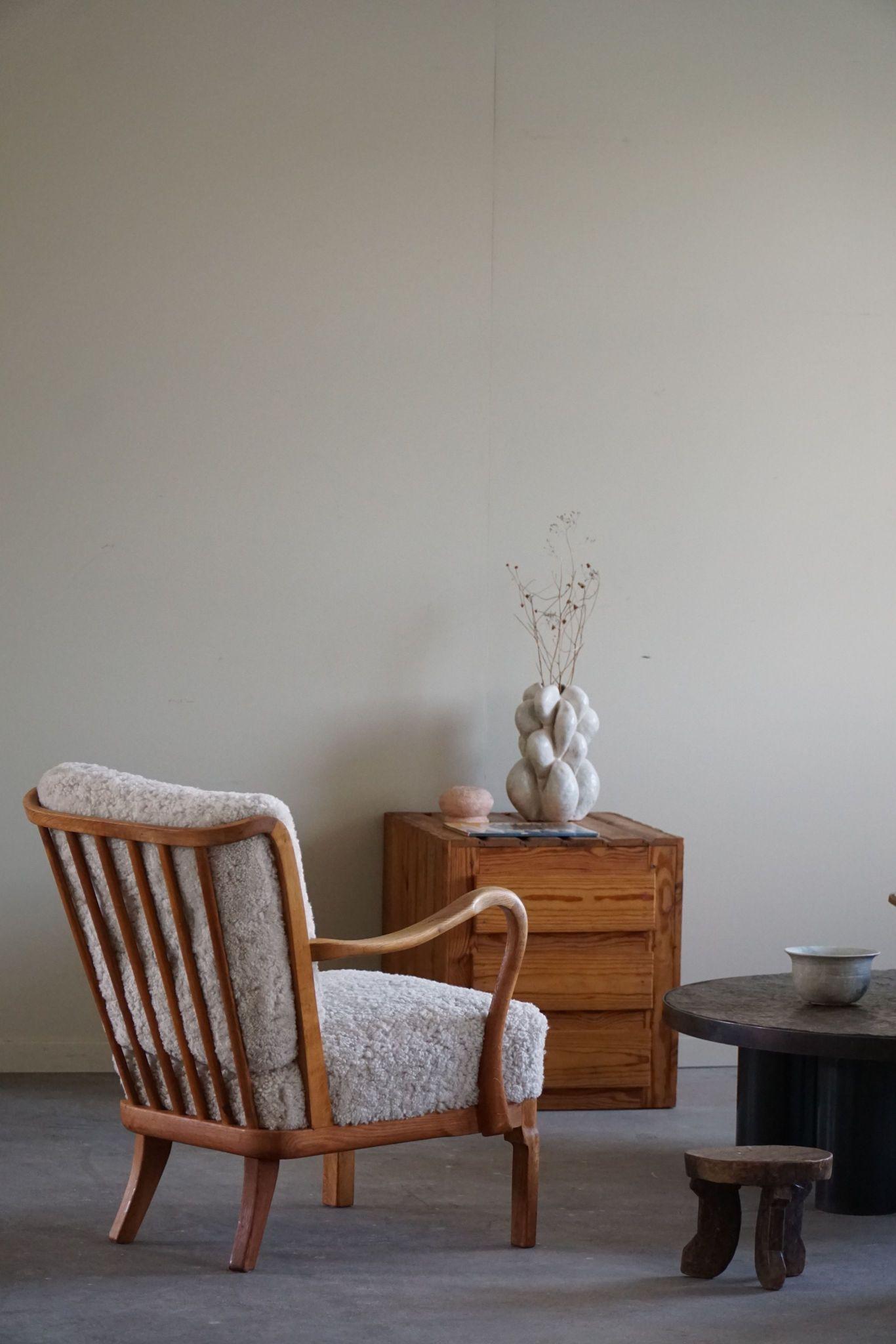 Danish Modern, Pair of Easy Chairs in Oak & Lambswool, Alfred Christensen, 1940s 9