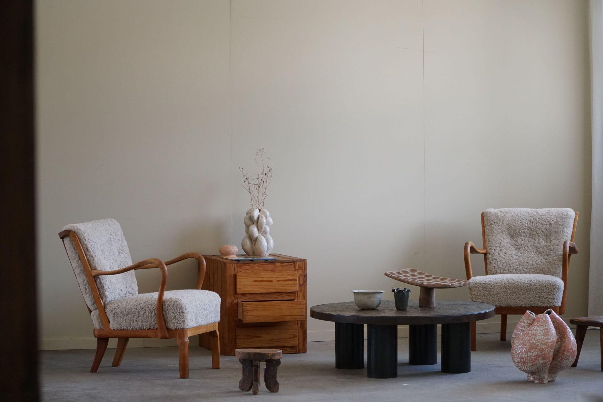 Danish Modern, Pair of Easy Chairs in Oak & Lambswool, Alfred Christensen, 1940s 1