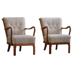 Danish Modern, Pair of Easy Chairs in Oak & Lambswool, Alfred Christensen, 1940s