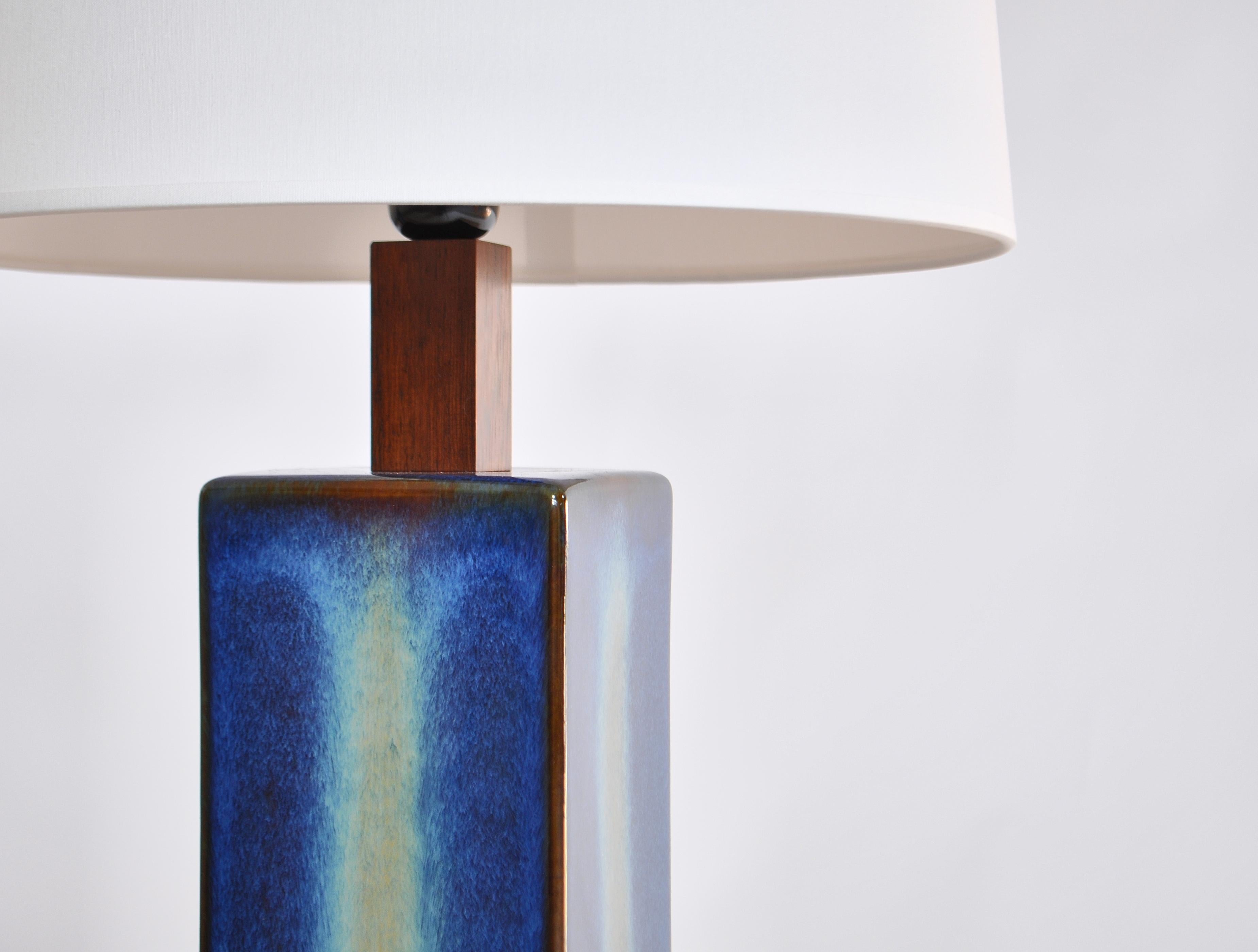 Amazing pair of vintage rectangular ceramic table lamps with blue/brown glaze by 