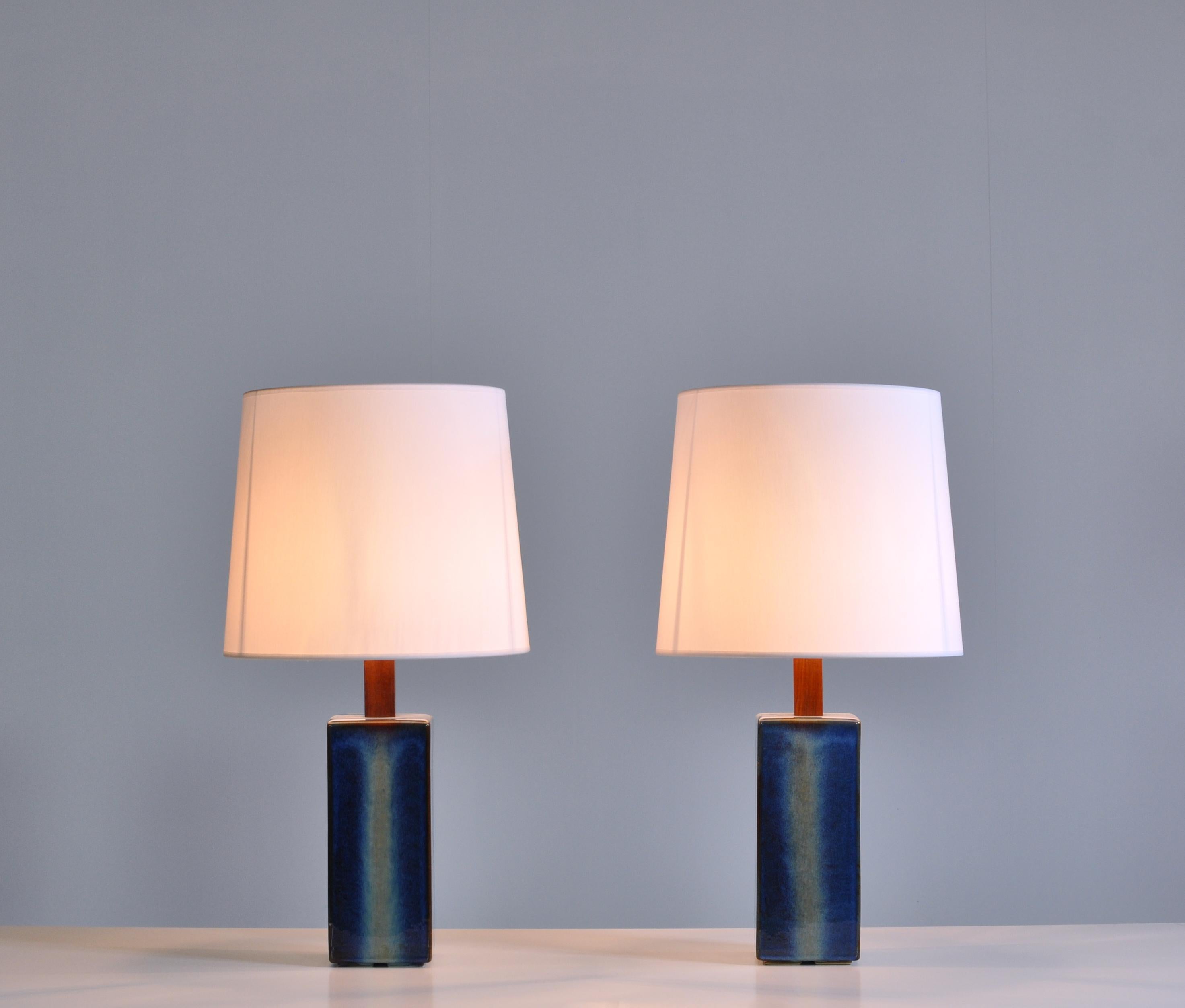 Amazing pair of vintage rectangular ceramic table lamps with blue/brown glaze by 