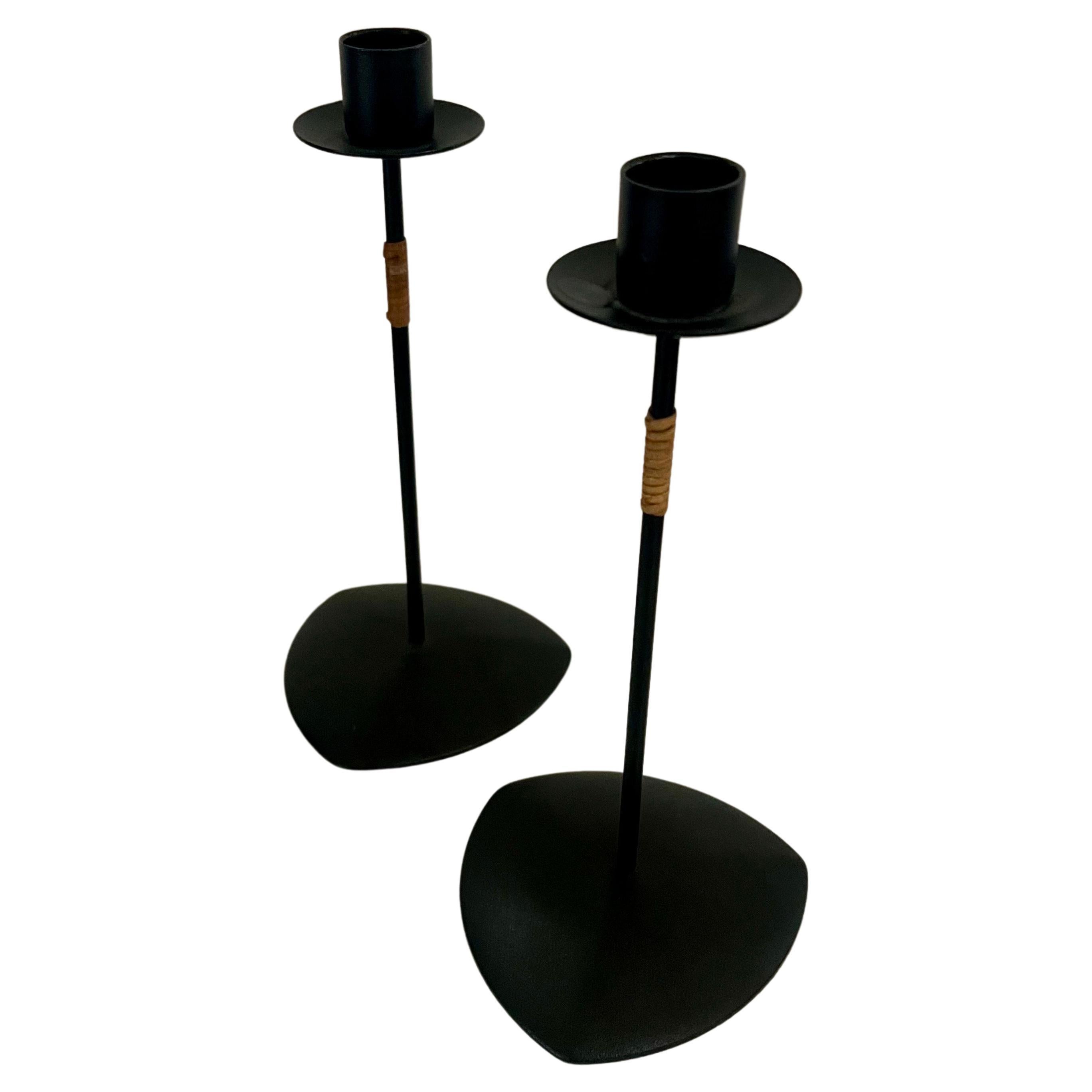 Danish modern Pair of Laurids Lonborg Candle Holders Metal & Cane In Excellent Condition For Sale In San Diego, CA