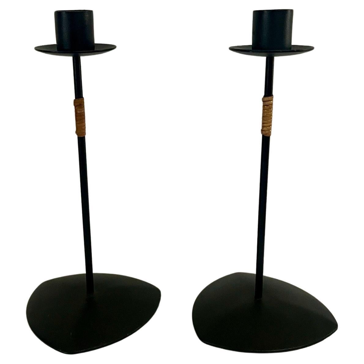 20th Century Danish modern Pair of Laurids Lonborg Candle Holders Metal & Cane For Sale