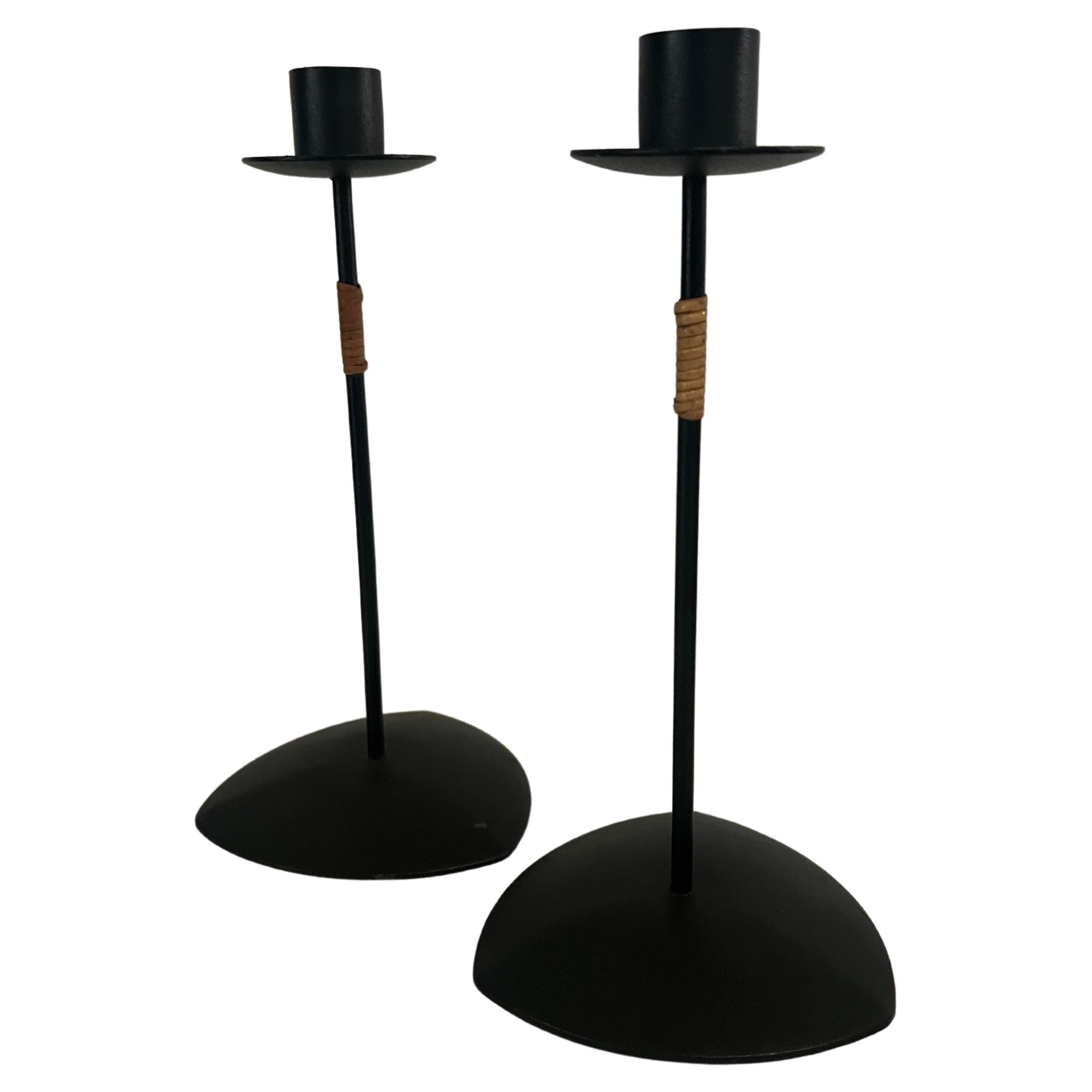 Danish modern Pair of Laurids Lonborg Candle Holders Metal & Cane For Sale