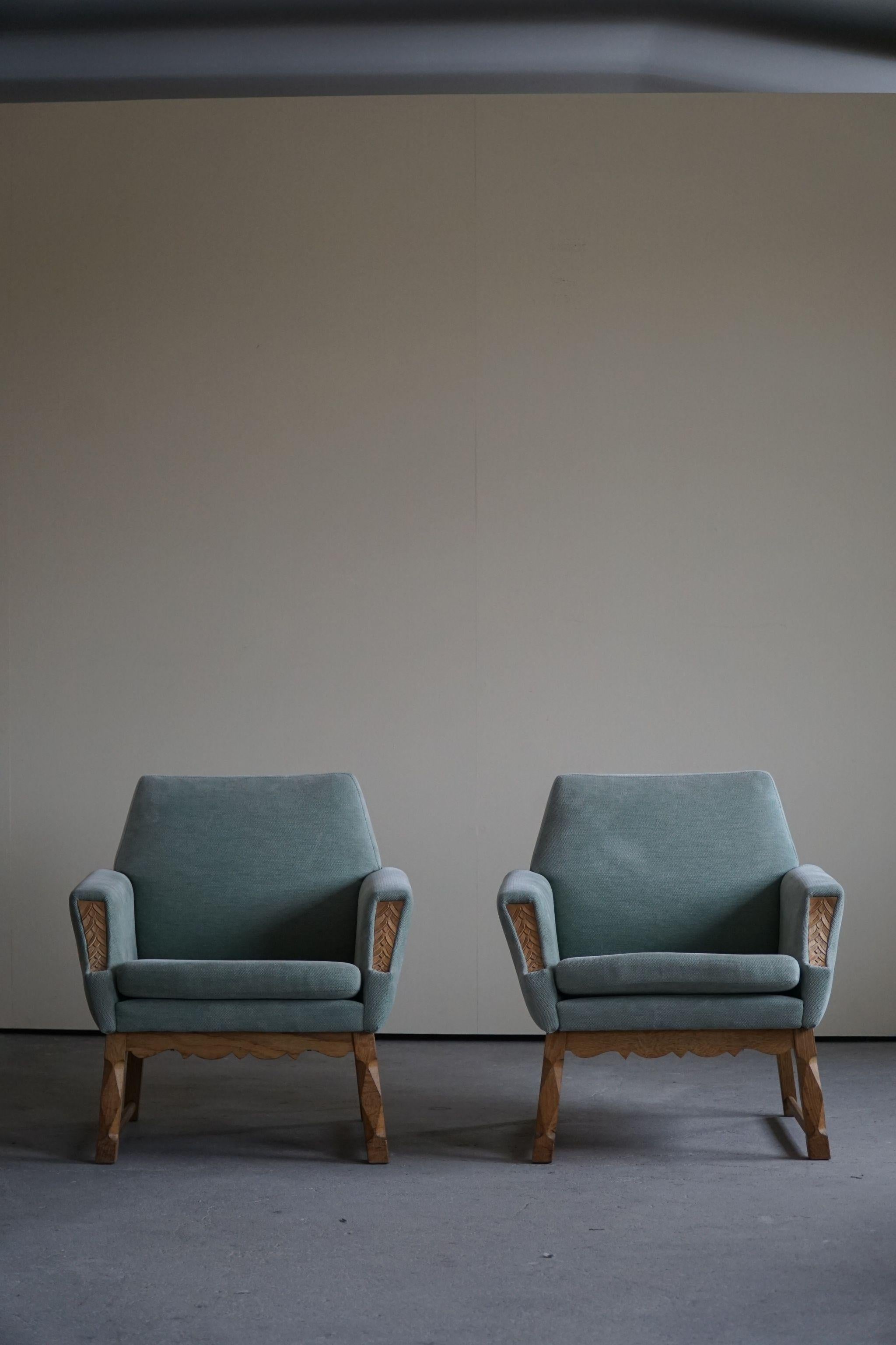 20th Century Danish Modern Pair of Lounge Chair, Turquoise Velvet & Oak, Cabinetmaker, 1960s