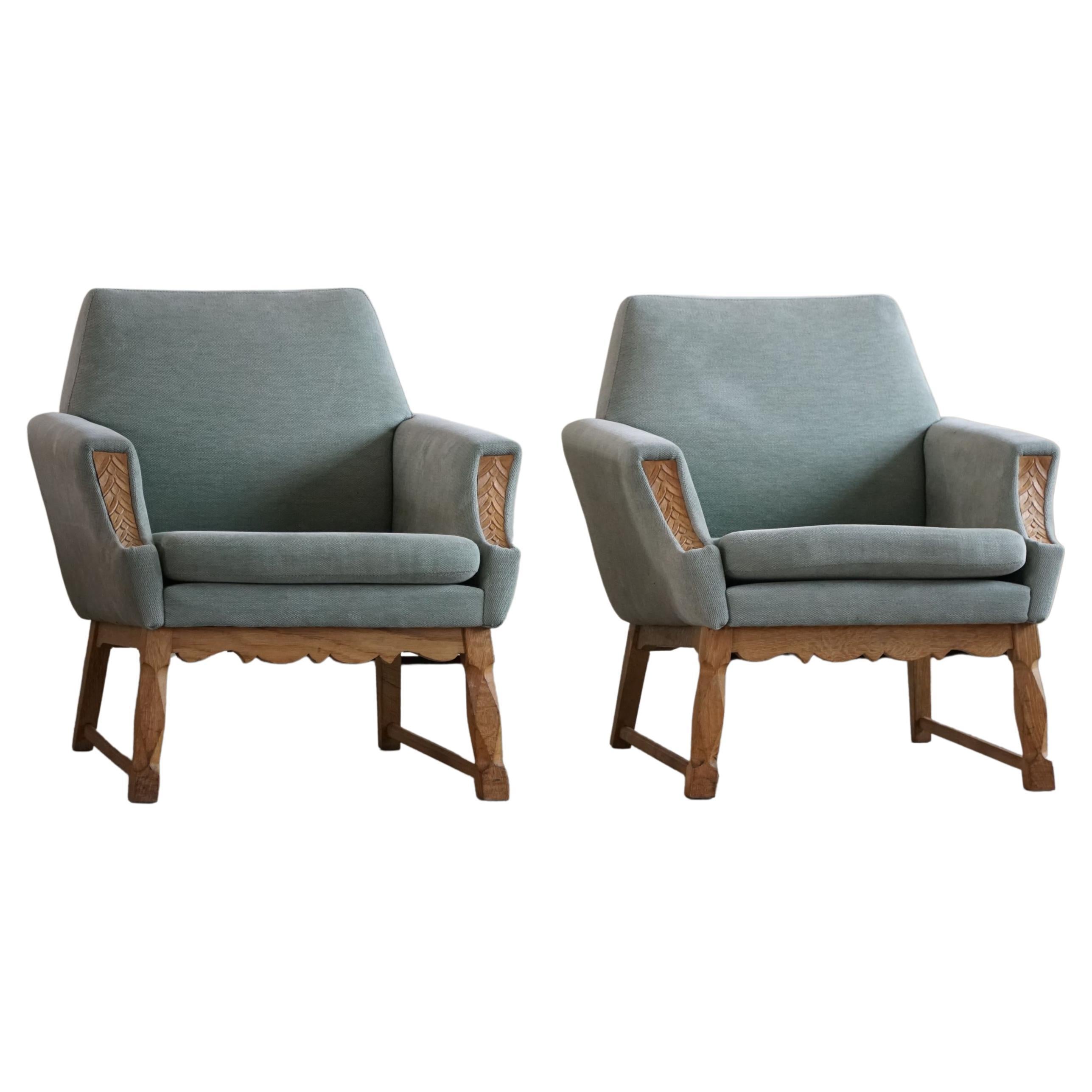 Danish Modern Pair of Lounge Chair, Turquoise Velvet & Oak, Cabinetmaker, 1960s