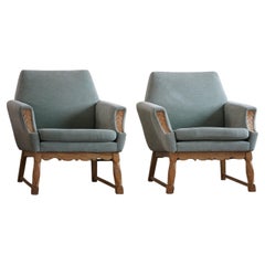 Paire de fauteuil de salon moderne danois, velours turquoise et chêne, ébéniste, années 1960