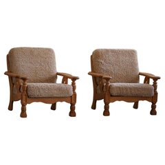 Danish Modern, Pair of Lounge Chairs in Oak & Lambswool, Henning Kjærnulf, 1960s