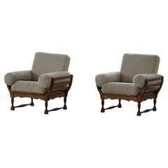 Danish Modern, Pair of Lounge Chairs in Oak & Lambswool, Henning Kjærnulf, 1960s