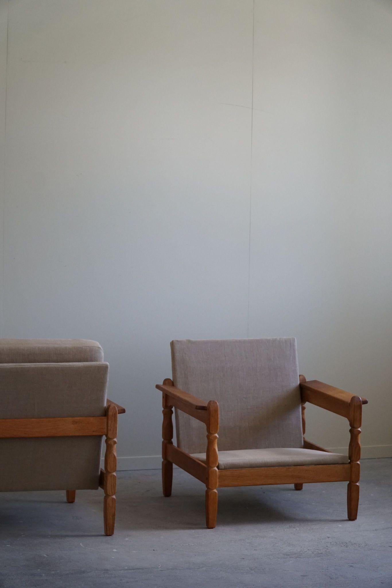 Danish Modern, Pair of Lounge Chairs in Oak & Linen, Henning Kjærnulf, 1960s For Sale 13