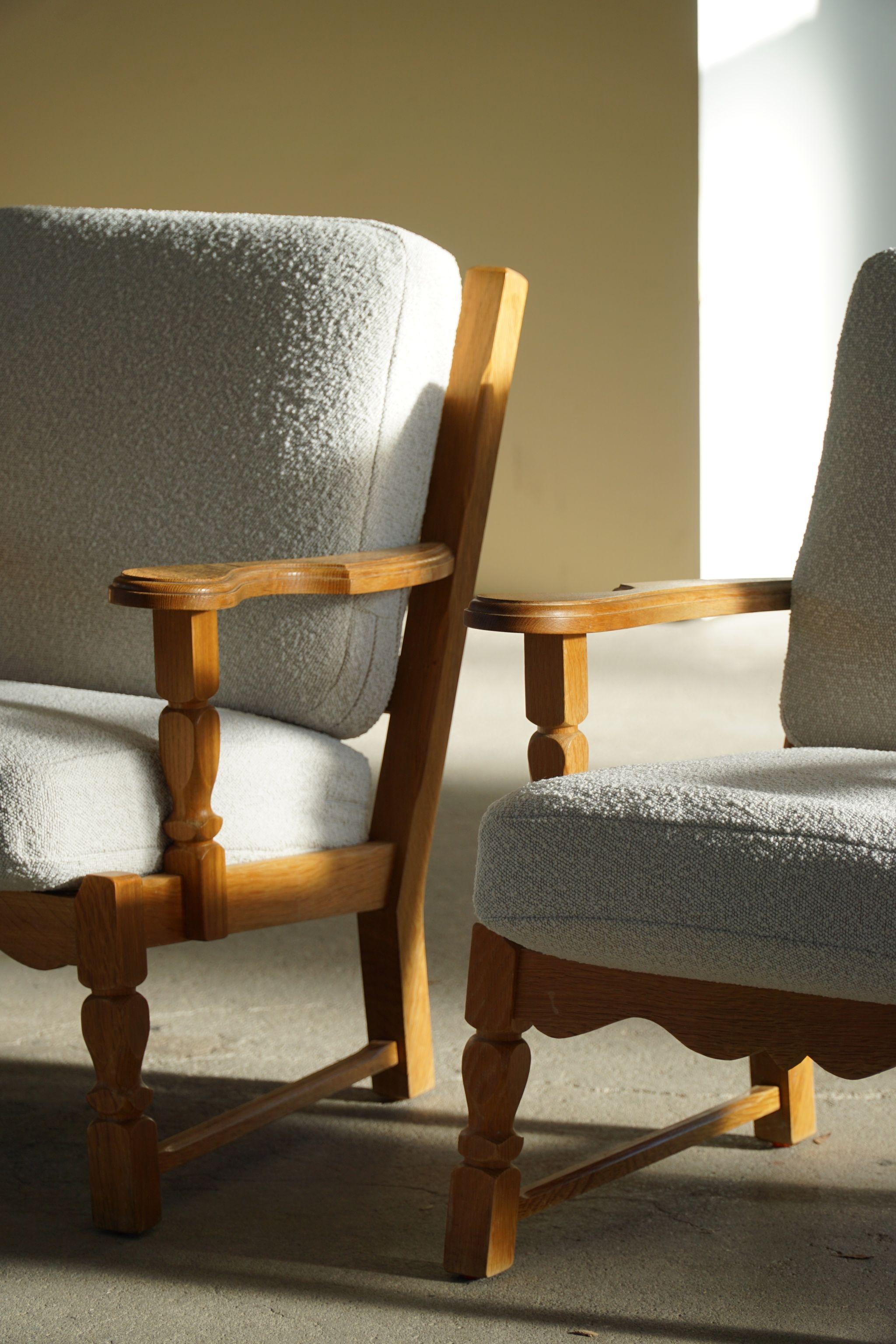 Danish Modern Pair of Lounge Chairs in Oak & Reupholstered in Bouclé, 1960s 5