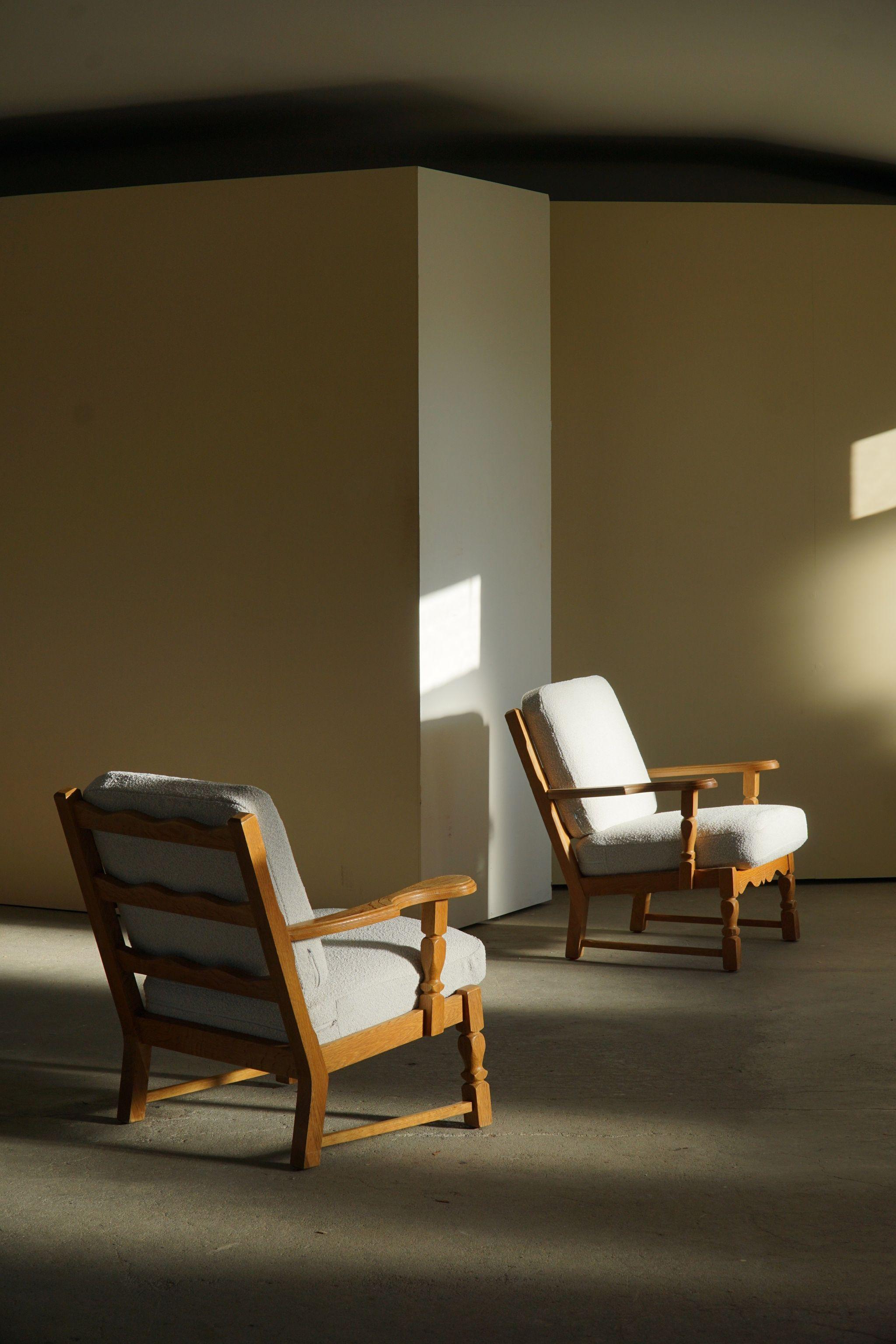 Danish Modern Pair of Lounge Chairs in Oak & Reupholstered in Bouclé, 1960s 6