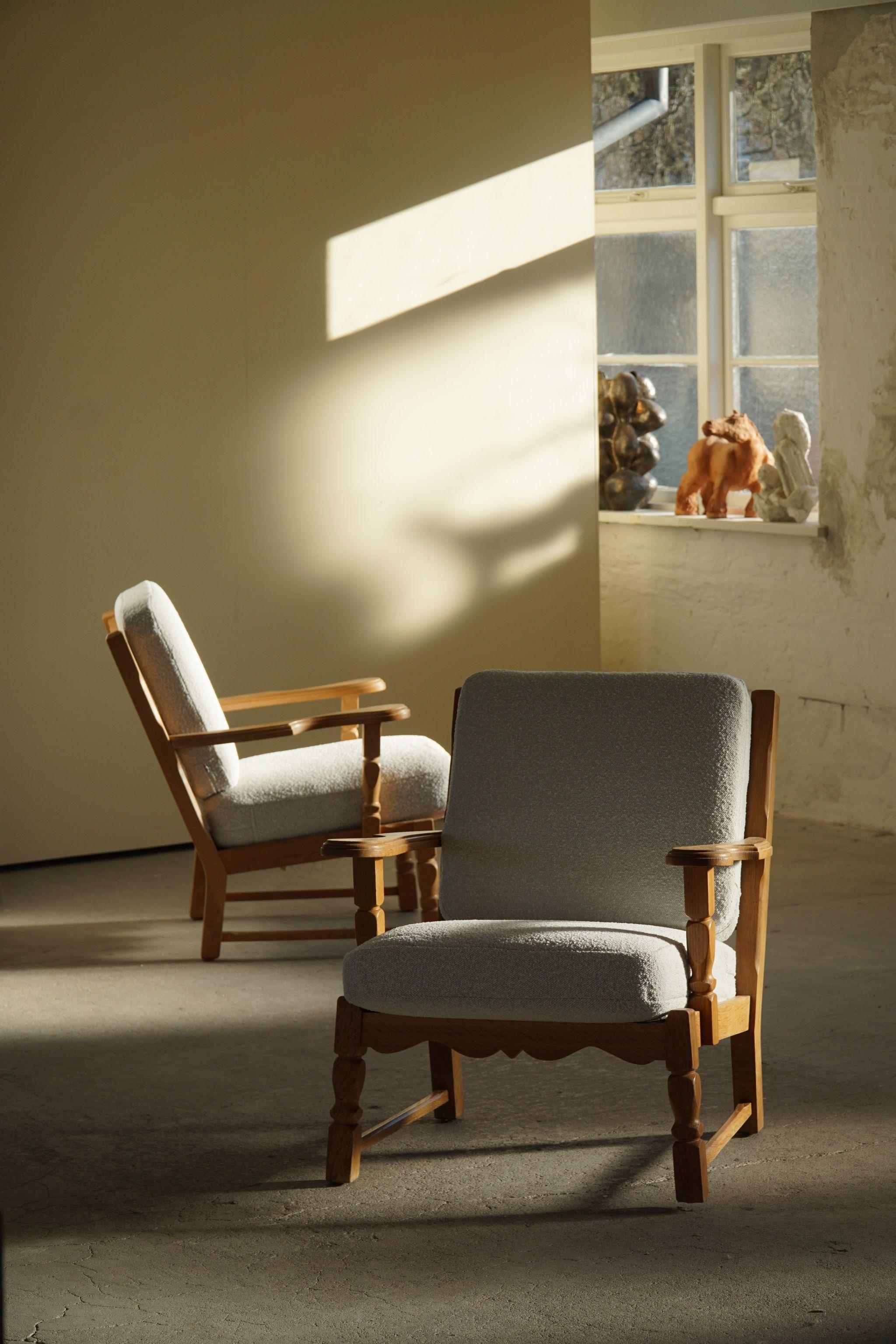 Danish Modern Pair of Lounge Chairs in Oak & Reupholstered in Bouclé, 1960s 7