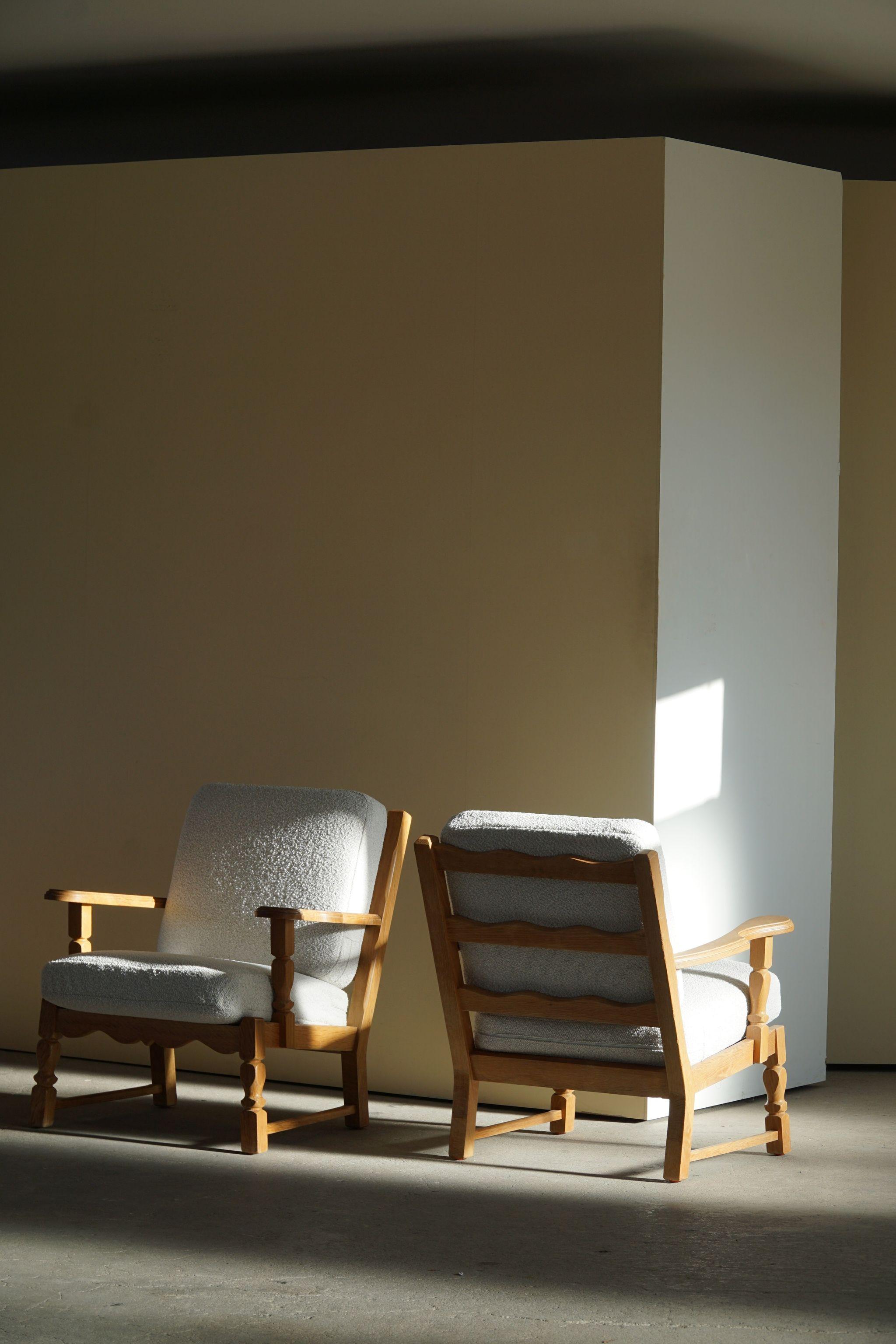 Danish Modern Pair of Lounge Chairs in Oak & Reupholstered in Bouclé, 1960s 8
