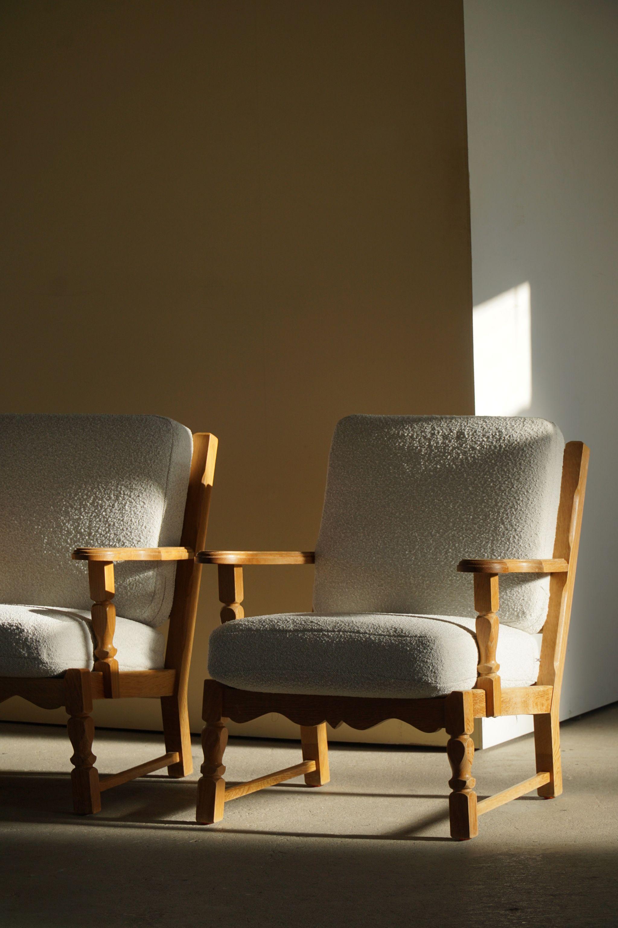 Danish Modern Pair of Lounge Chairs in Oak & Reupholstered in Bouclé, 1960s 9