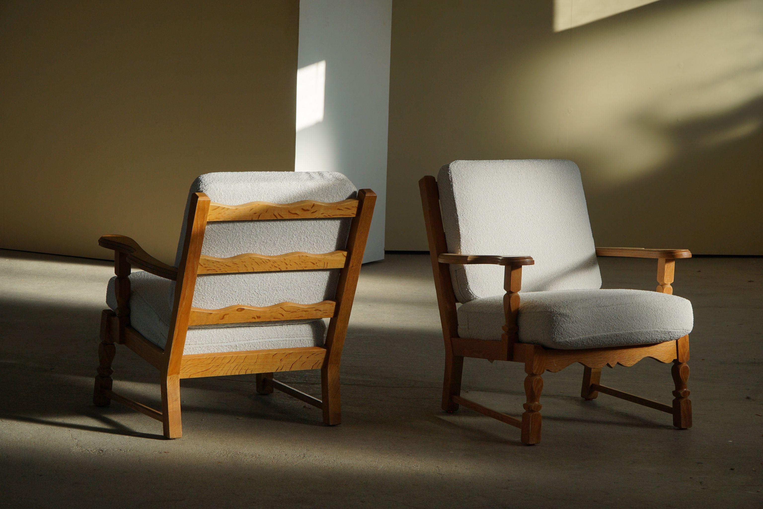 Scandinavian Modern Danish Modern Pair of Lounge Chairs in Oak & Reupholstered in Bouclé, 1960s