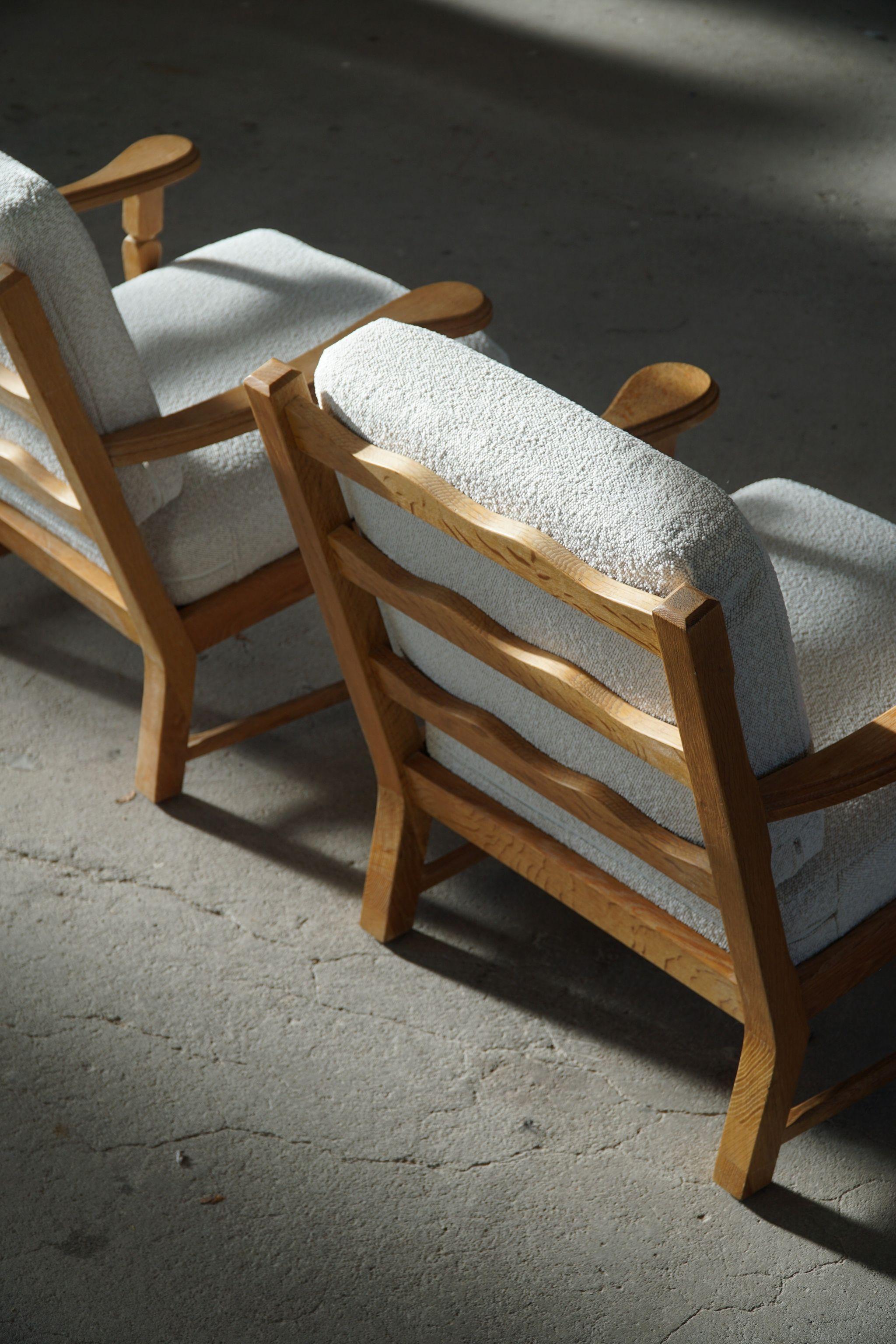 20th Century Danish Modern Pair of Lounge Chairs in Oak & Reupholstered in Bouclé, 1960s