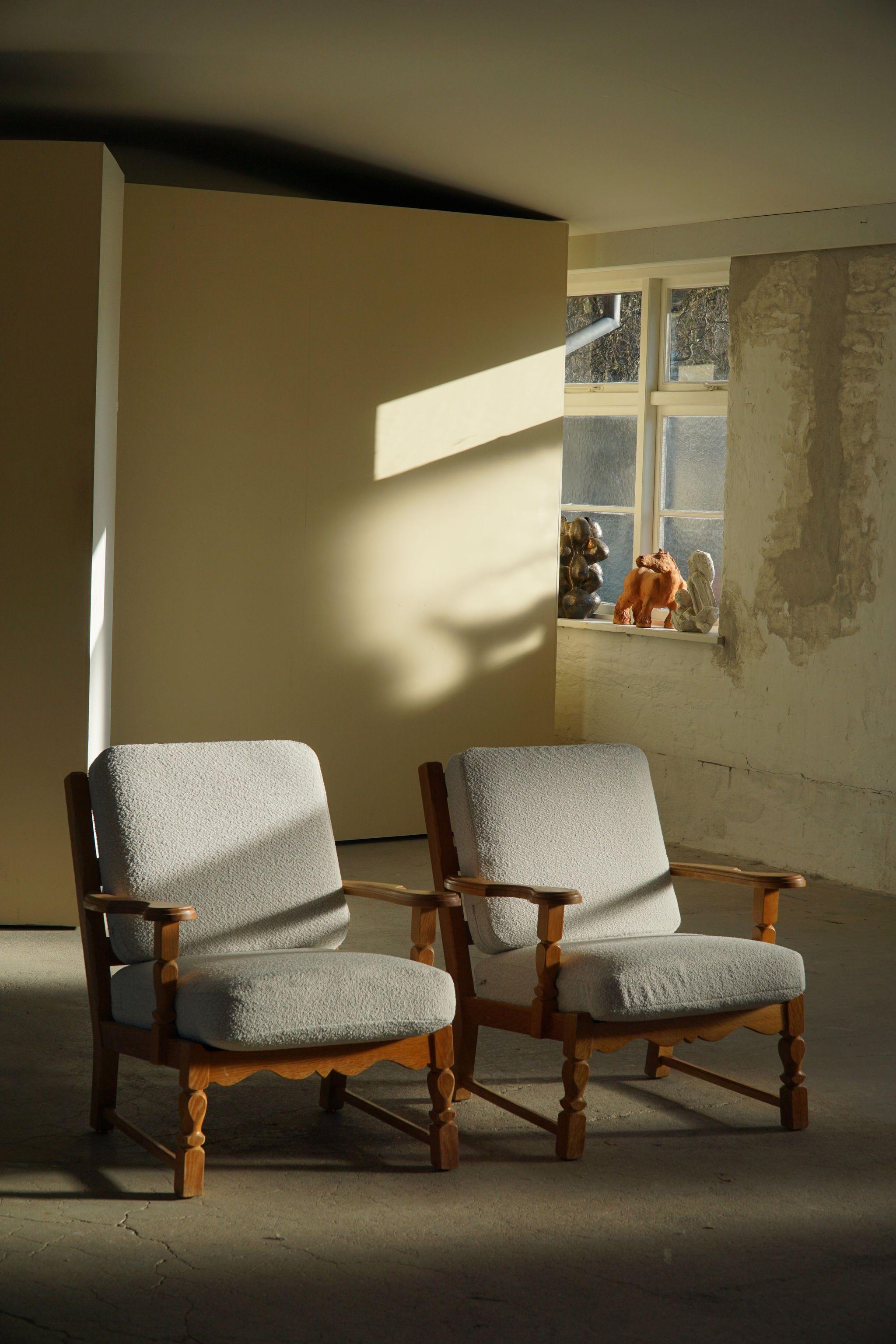 Danish Modern Pair of Lounge Chairs in Oak & Reupholstered in Bouclé, 1960s 3