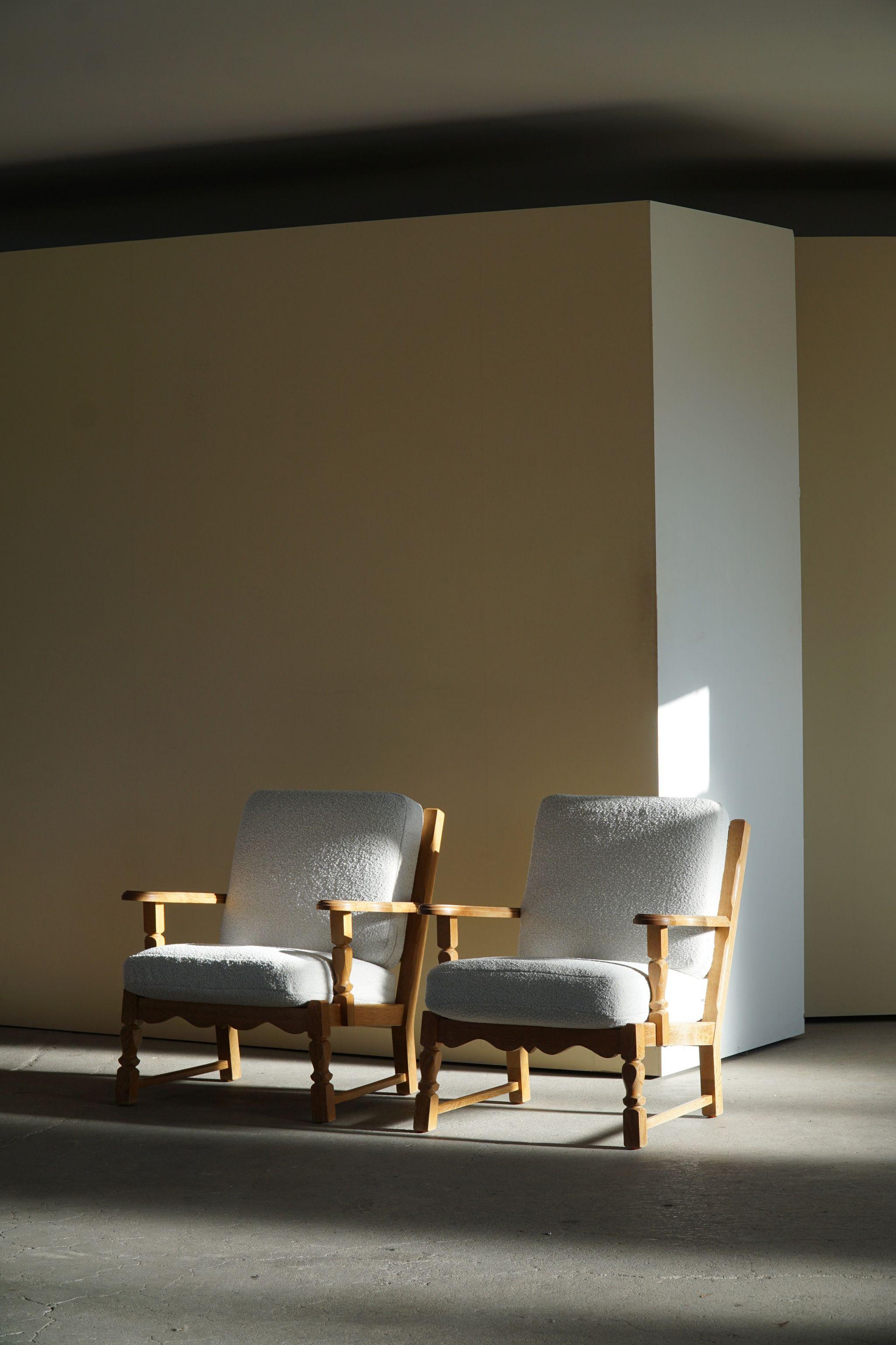 Danish Modern Pair of Lounge Chairs in Oak & Reupholstered in Bouclé, 1960s 4