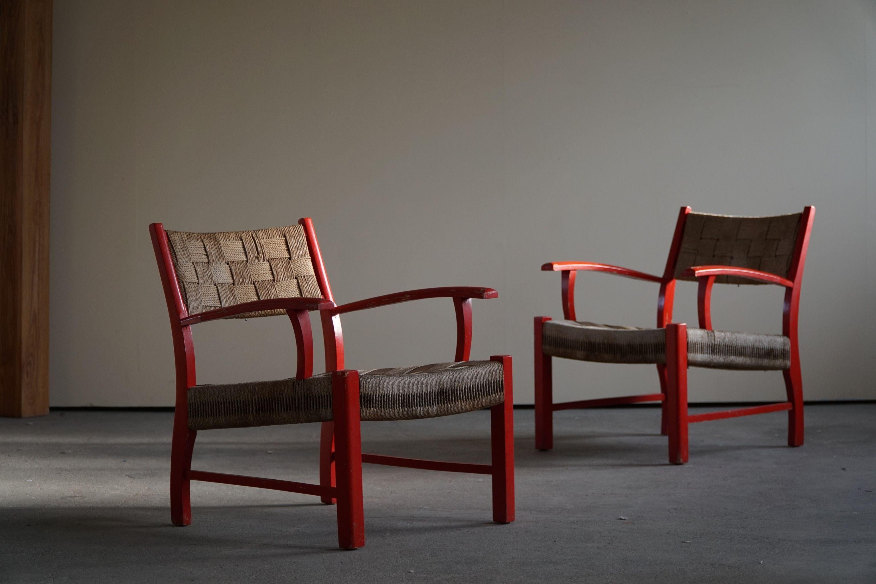 Danish Modern Pair of Lounge Chairs in Seagrass, by Fritz Hansen, 1930-1940s 7