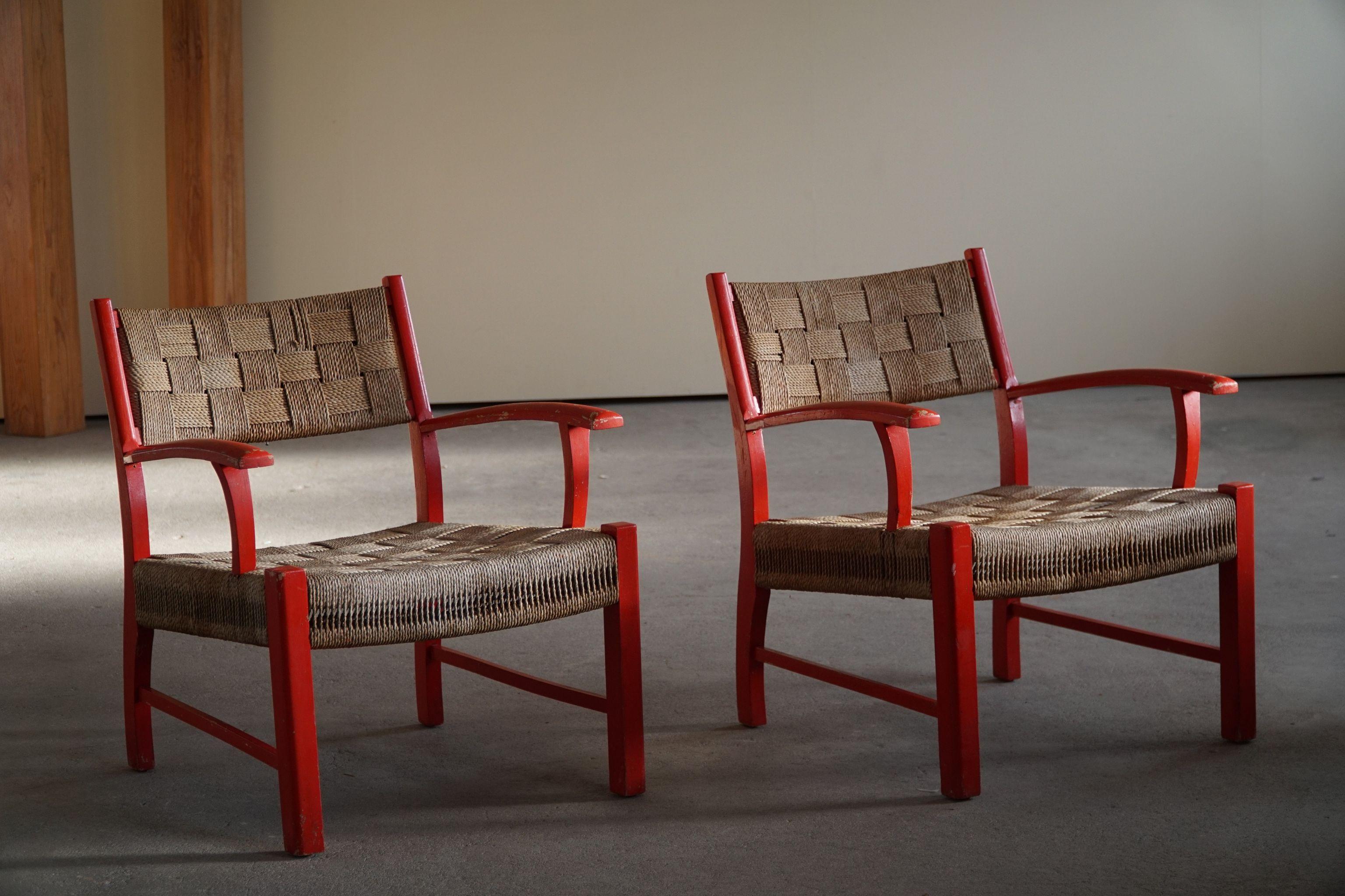 20th Century Danish Modern Pair of Lounge Chairs in Seagrass, by Fritz Hansen, 1930-1940s