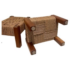Danish Modern Pair of Petite Solid Teak & Woven Rope Footstools