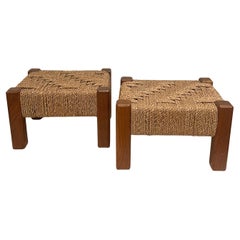 Danish Modern Pair of Petite Solid Teak & Woven Rope Footstools
