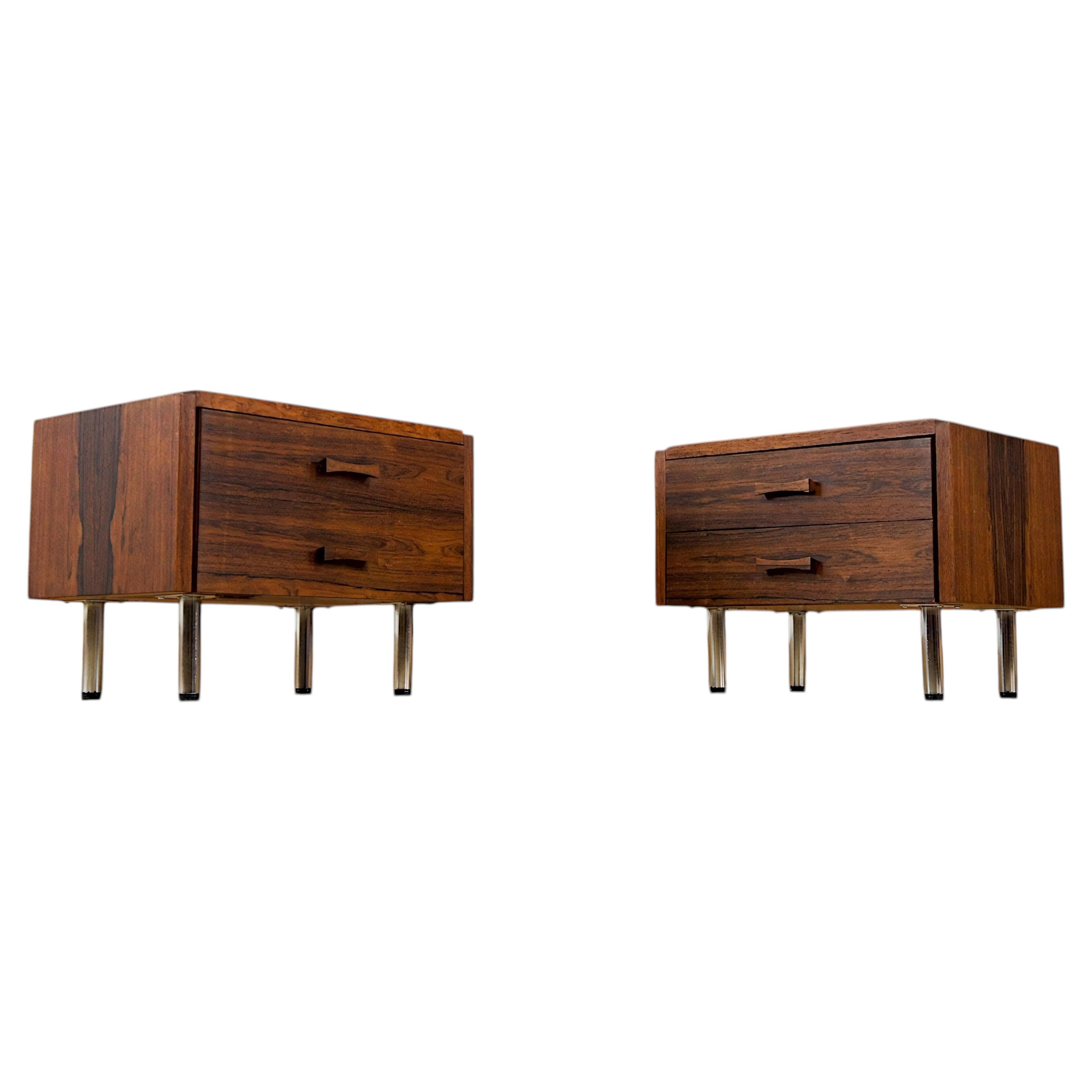Danish Modern Pair of Rosewood Nightstands, Chrome Legs, 1960s