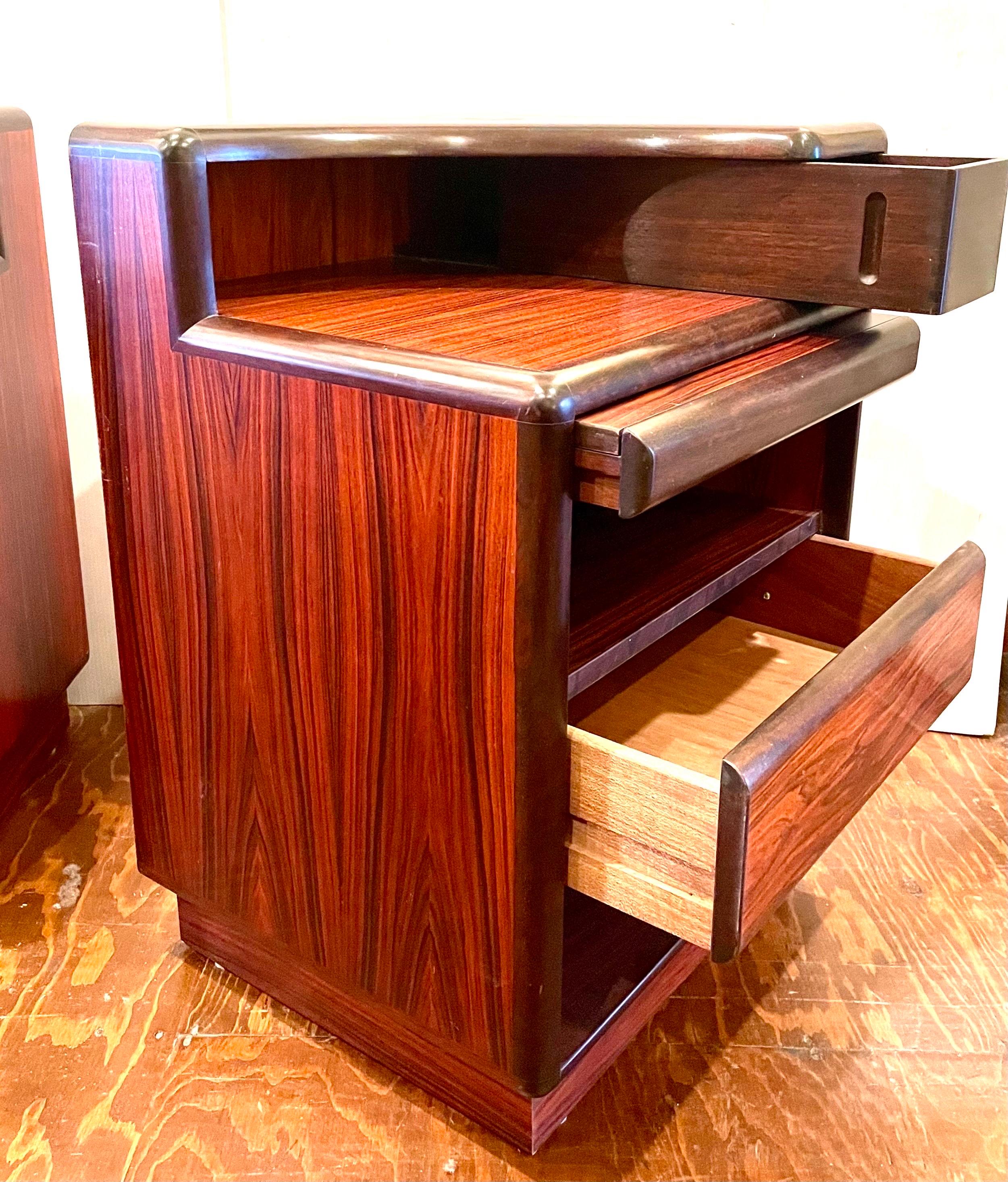 Beautiful and rare pair of postmodern style danish rosewood tall nightstands, great look beautiful elegant finish we have cleaned and oiled them nice compartments drawers and writing table.
