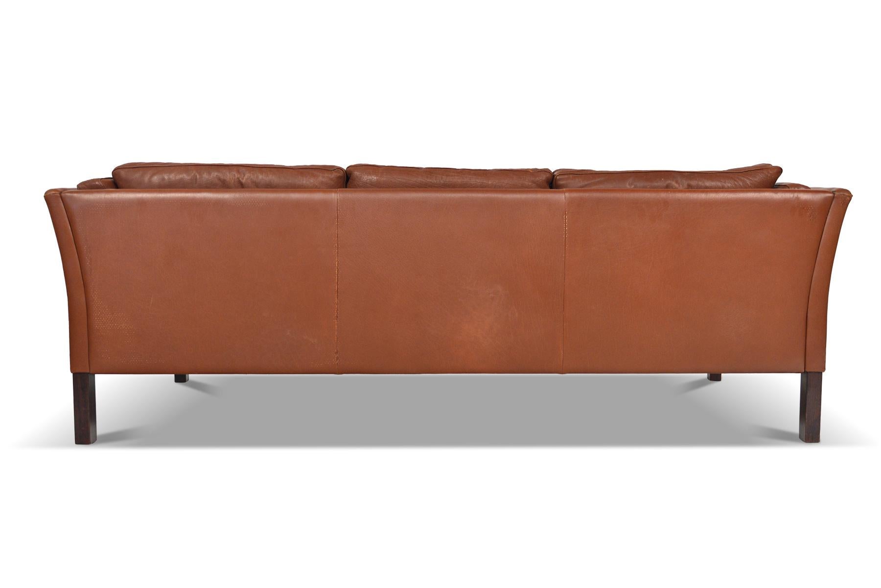 20th Century Danish Modern Patinated Rust Toned Leather Three-Seat Leather Sofa