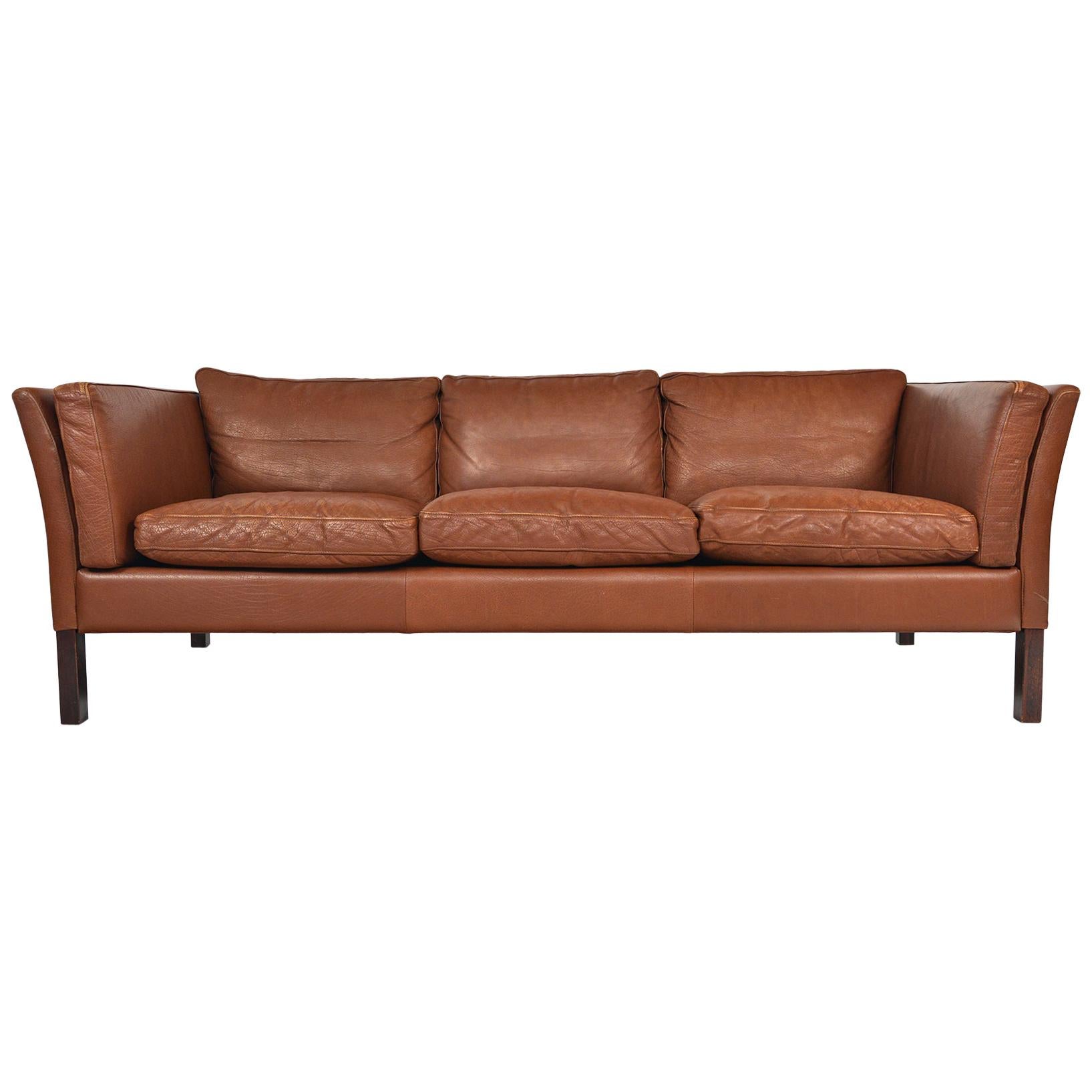 Danish Modern Patinated Rust Toned Leather Three-Seat Leather Sofa