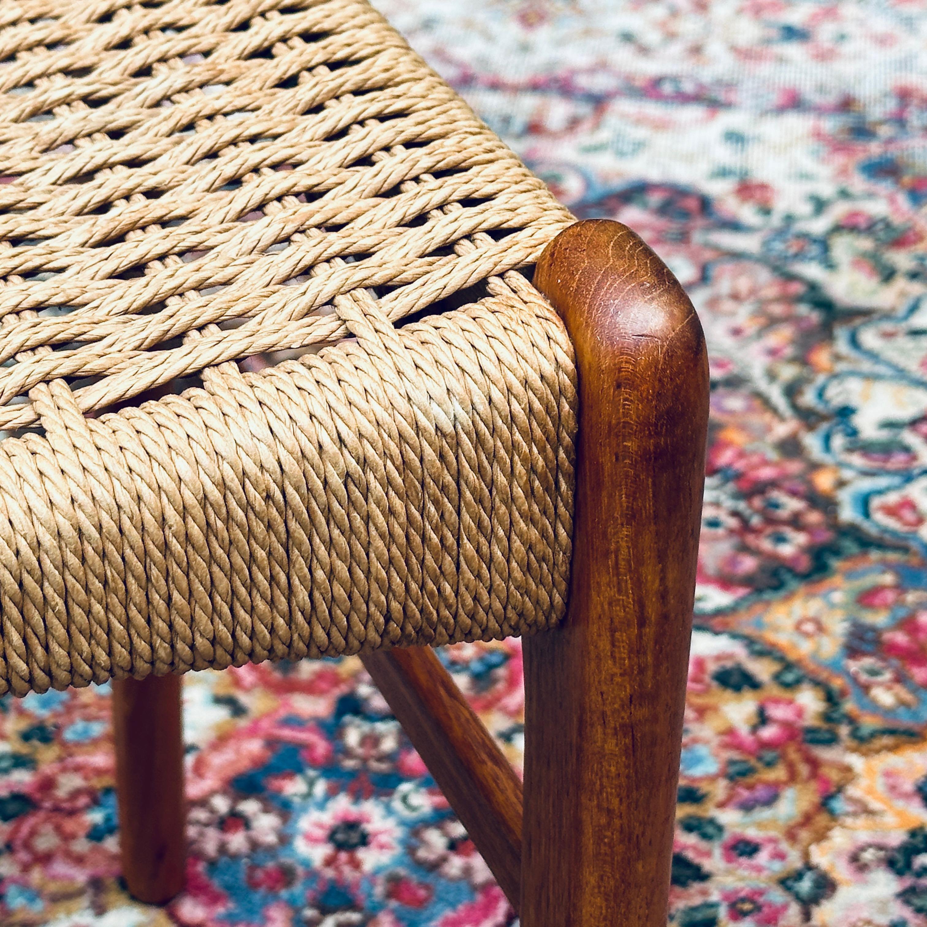 Danish Modern Peder Kristensen Teak and Woven Rope Low Stool or Bench 6
