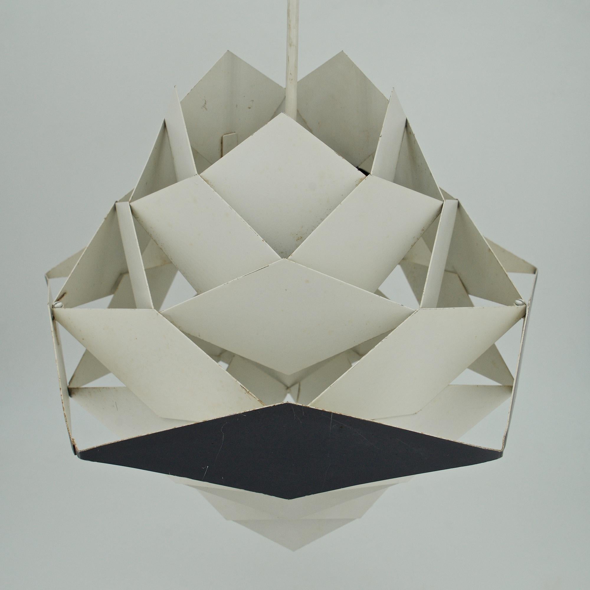 Enameled Danish Modern Pendant Lamp Post and Beam Kitchen Midcentury Cabin Geometric For Sale