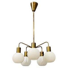 Danish Modern, Pendant Light, Brass, Opal Glass, Denmark, 1970s