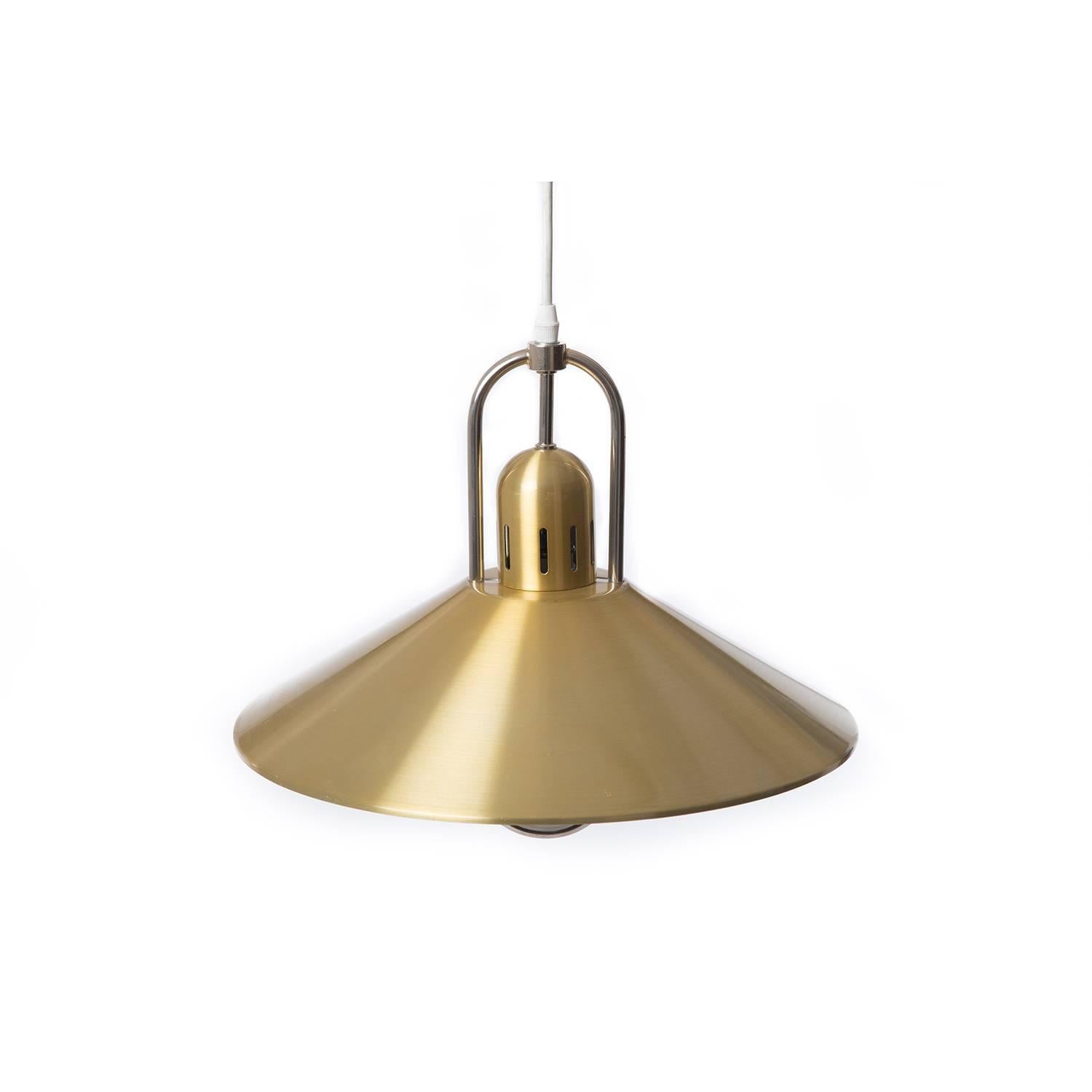 This brass-plated aluminium pendant casts ample light for your dining table, workspace, etc.